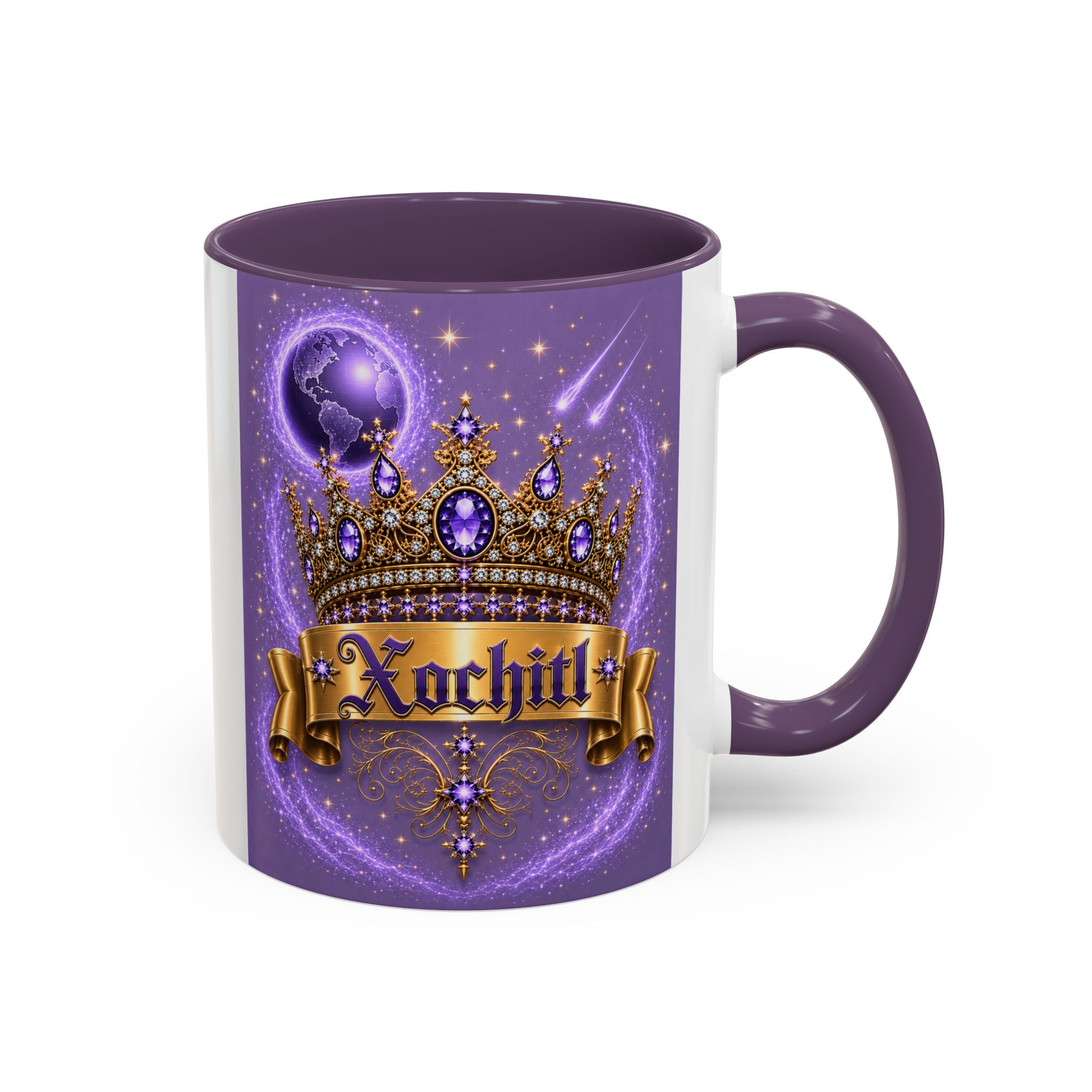 The Purple Crown of Destiny™ | Xochitl Personalized Royal Crown Mug | Luxury Celestial Fantasy Coffee Mug | Premium White Ceramic Mug | The Fugly Mugly™