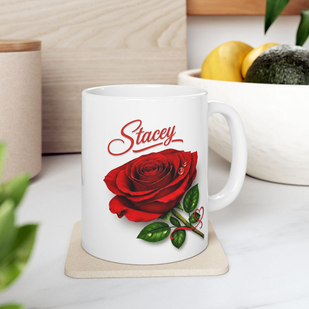 Stacey – A Name That Stands With Confidence | Signature Rose White Mug – Elegant Personalized Gift