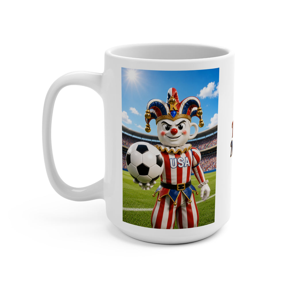 The Fugly Mugly™ USA Soccer Jester White Mug – Patriotic FIFA-Inspired Collectible Artwork Coffee Mug