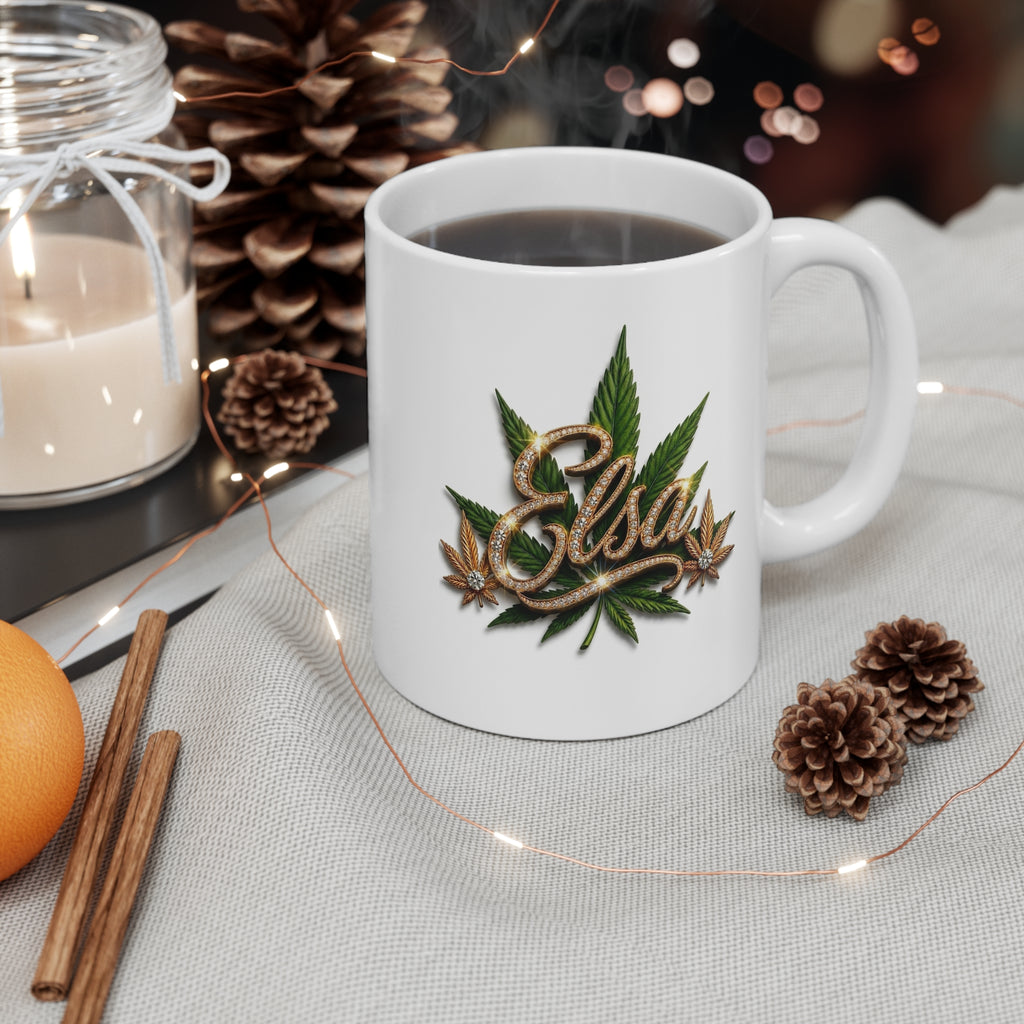 Elsa Emerald Royale – Diamond Gold Cannabis Leaf Luxury White Ceramic Mug