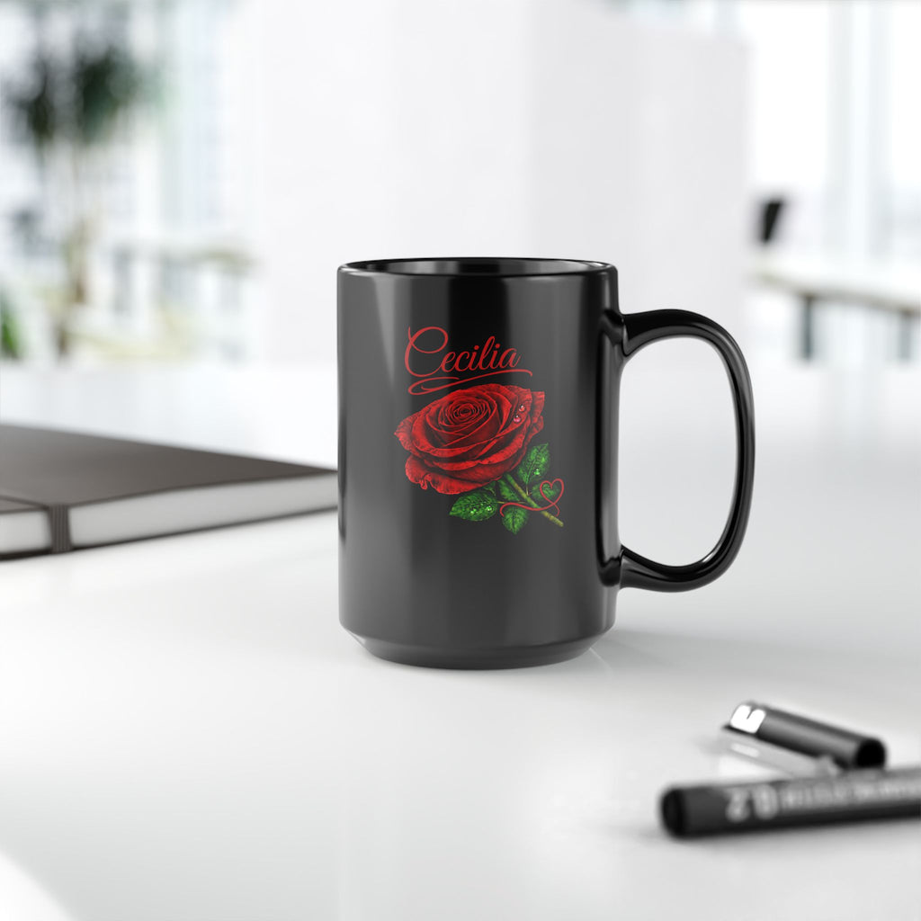 Cecilia Signature Rose Black Mug – Personalized Luxury Gift, Elegant Rose Coffee Mug, Premium Floral Keepsake
