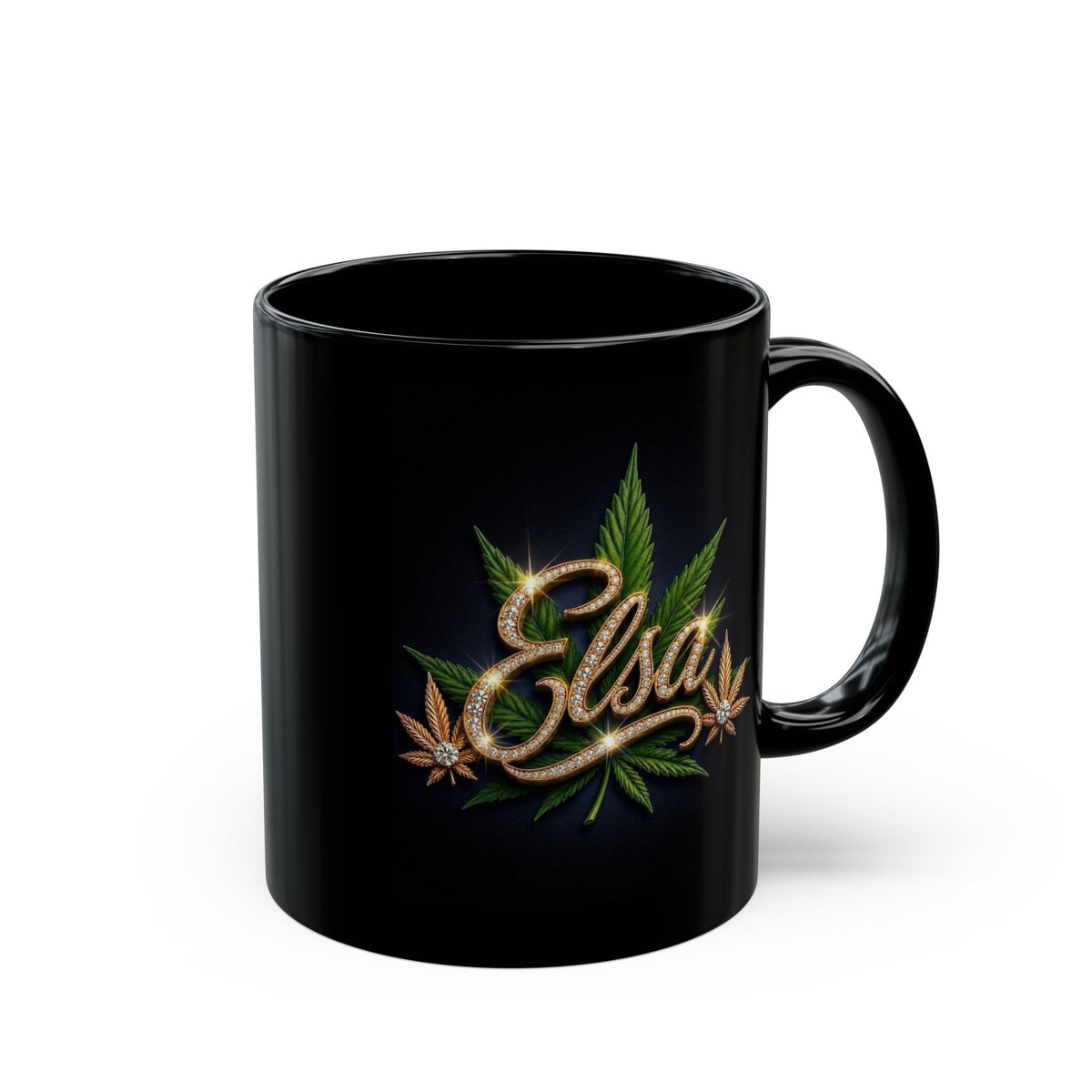 Elsa Emerald Royale – Diamond Gold Cannabis Leaf Luxury Black Ceramic Mug
