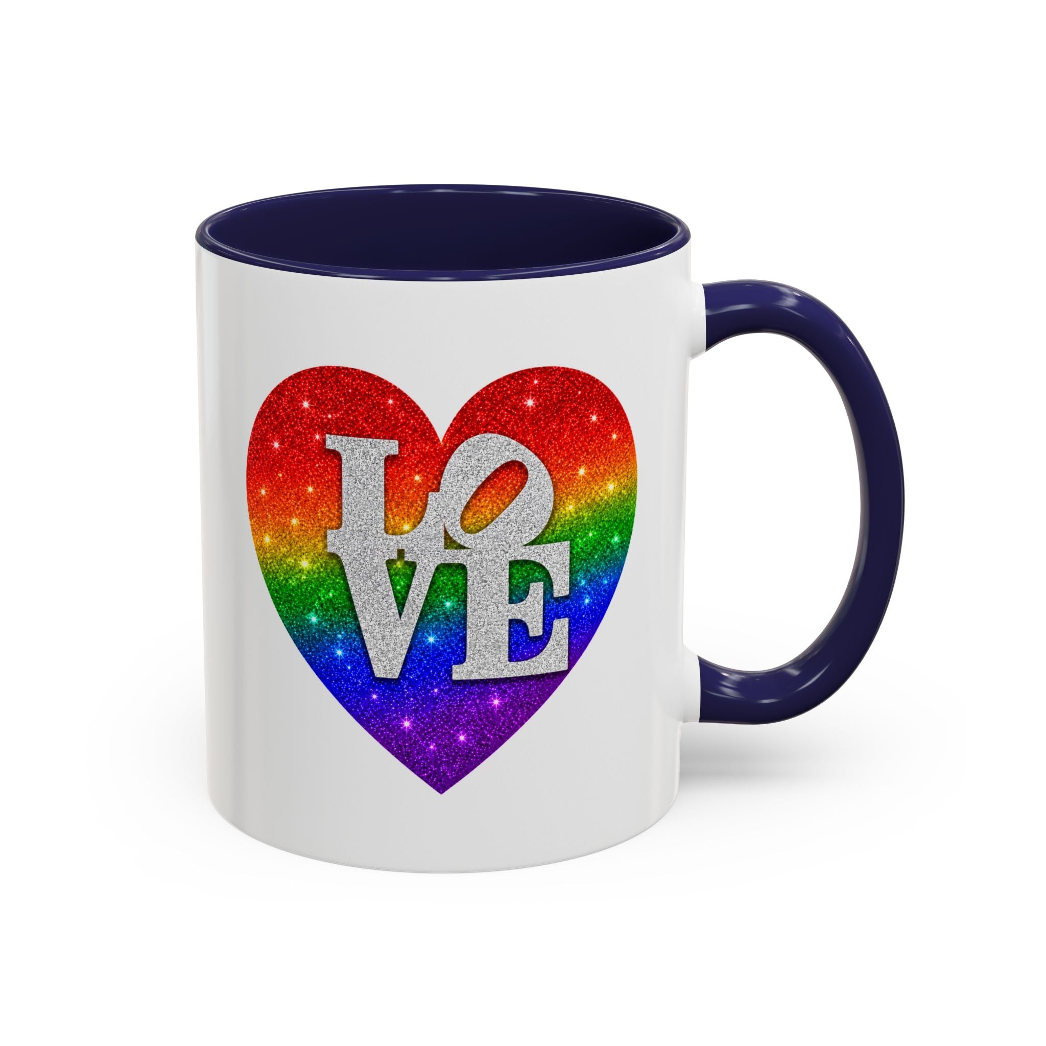 Rainbow LOVE Jewel Heart White Coffee Mug – Luxury Glitter Heart Mug | Premium Sparkling Rainbow LOVE Design