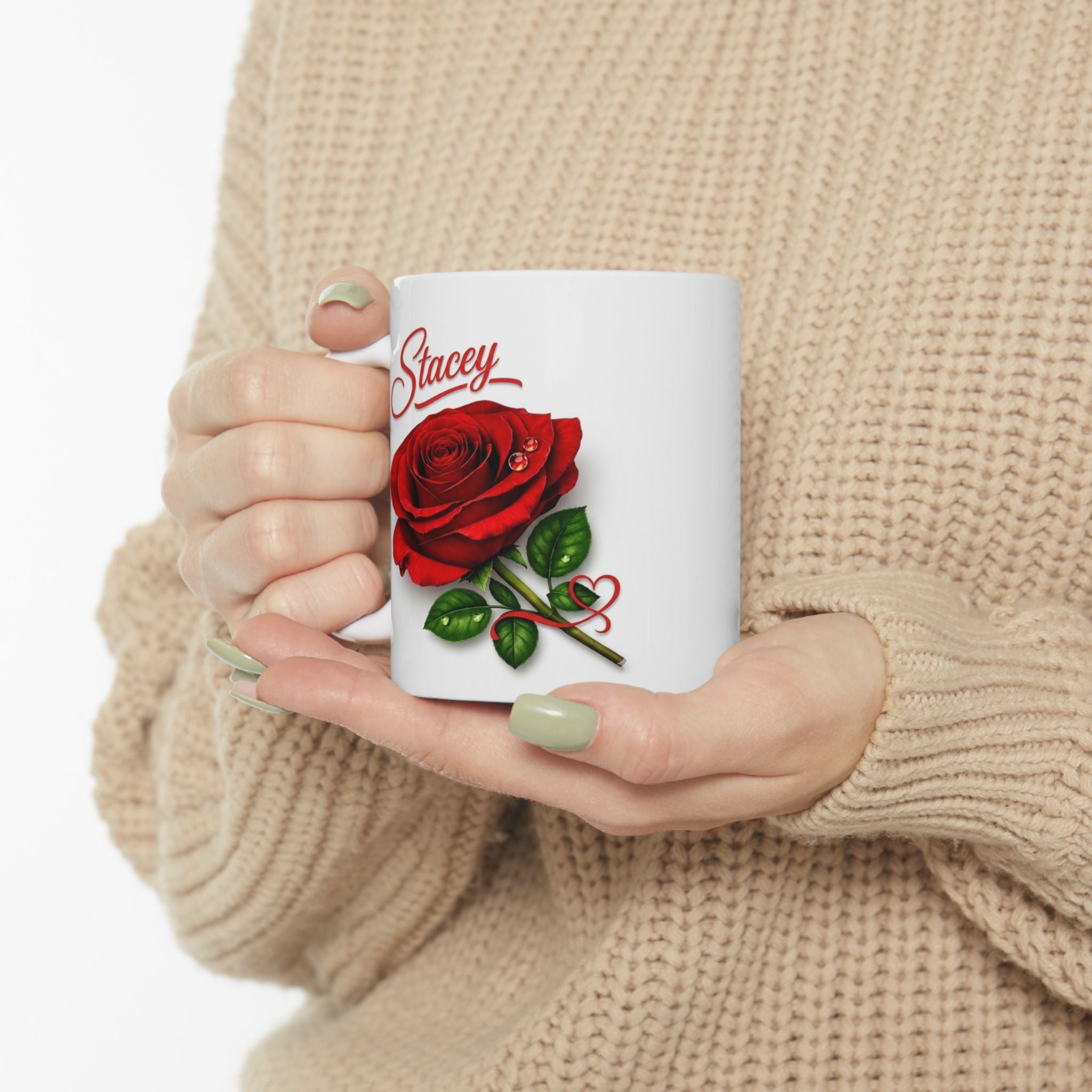 Stacey – A Name That Stands With Confidence | Signature Rose White Mug – Elegant Personalized Gift
