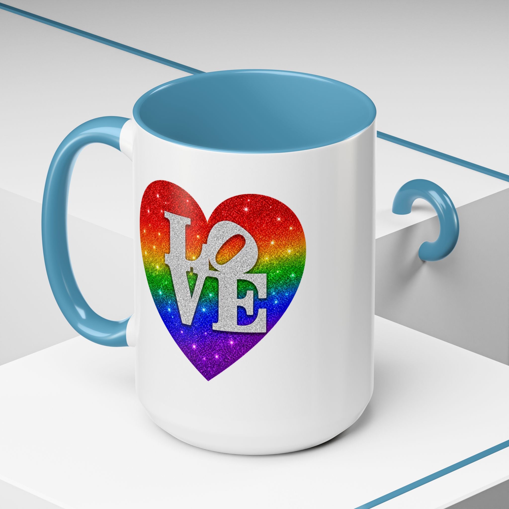 Rainbow LOVE Jewel Heart White Coffee Mug – Luxury Glitter Heart Mug | Premium Sparkling Rainbow LOVE Design