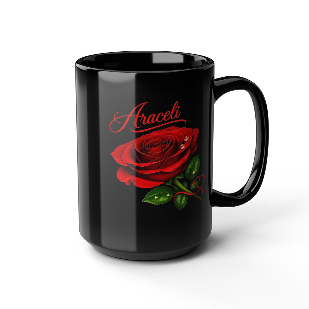 Araceli Signature Rose Black Mug – Personalized Luxury Gift, Elegant Rose Coffee Mug, Premium Floral Keepsake