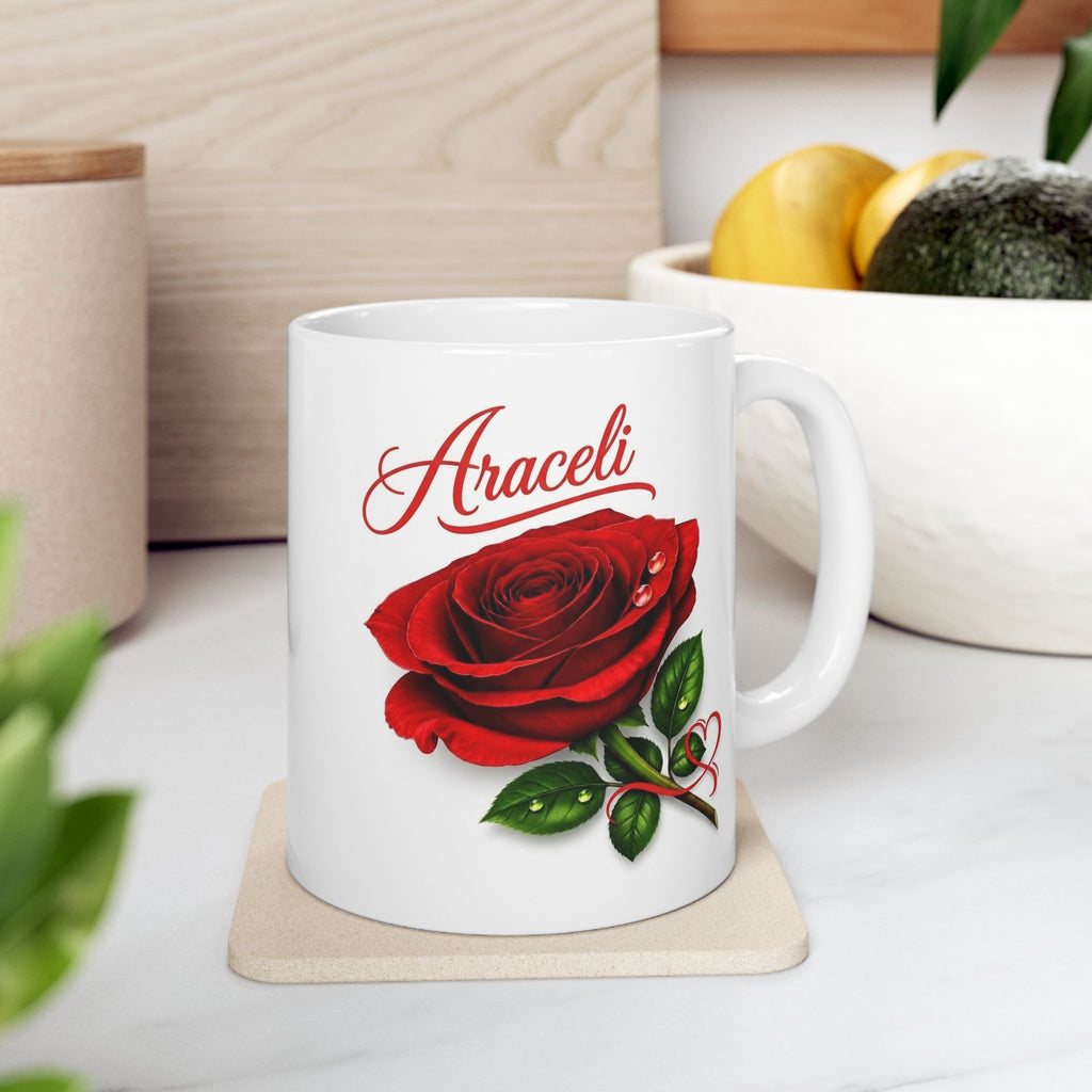 Araceli Signature Rose White Mug – Personalized Luxury Gift, Elegant Rose Coffee Mug, Premium Floral Keepsake