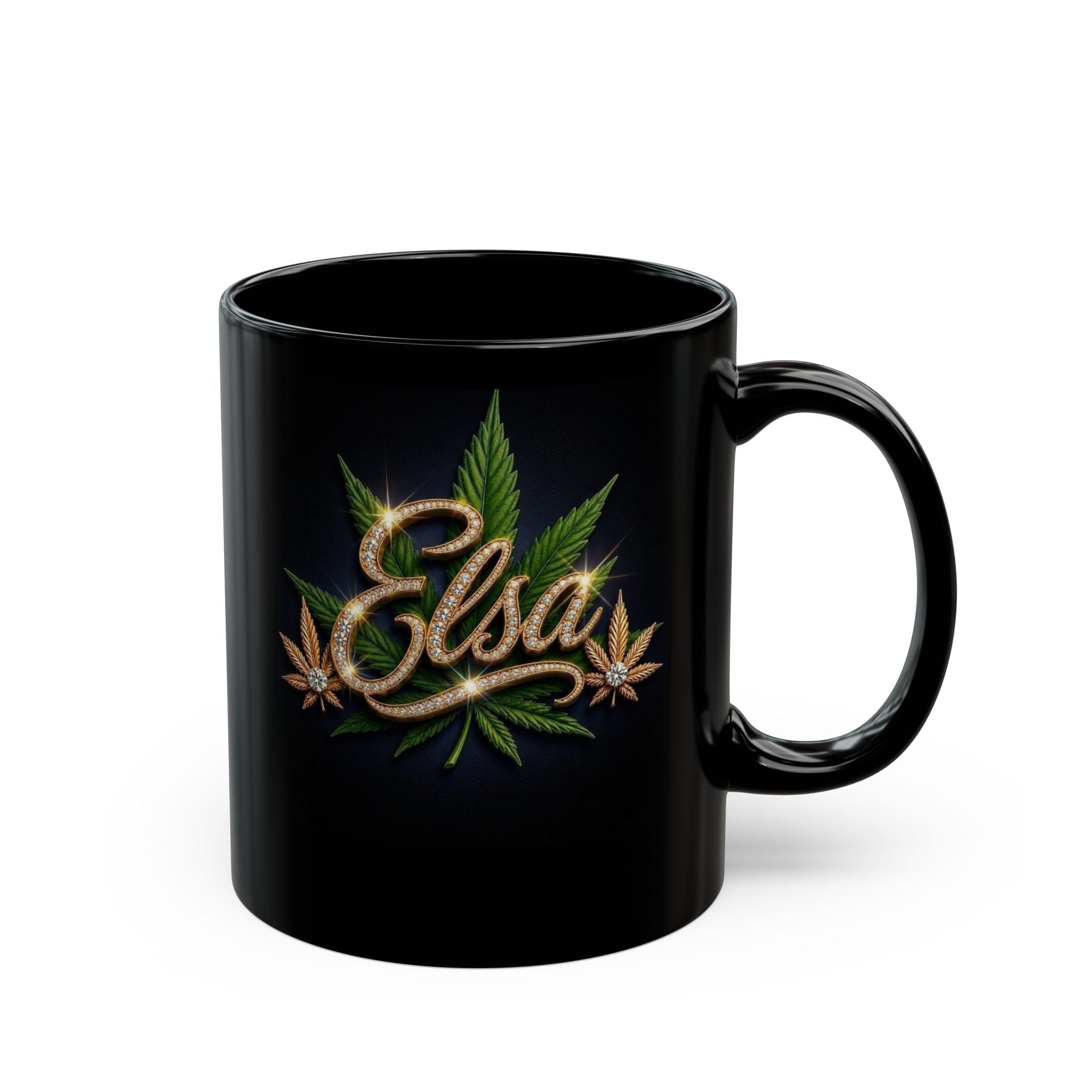 Elsa Emerald Royale – Diamond Gold Cannabis Leaf Luxury Black Ceramic Mug