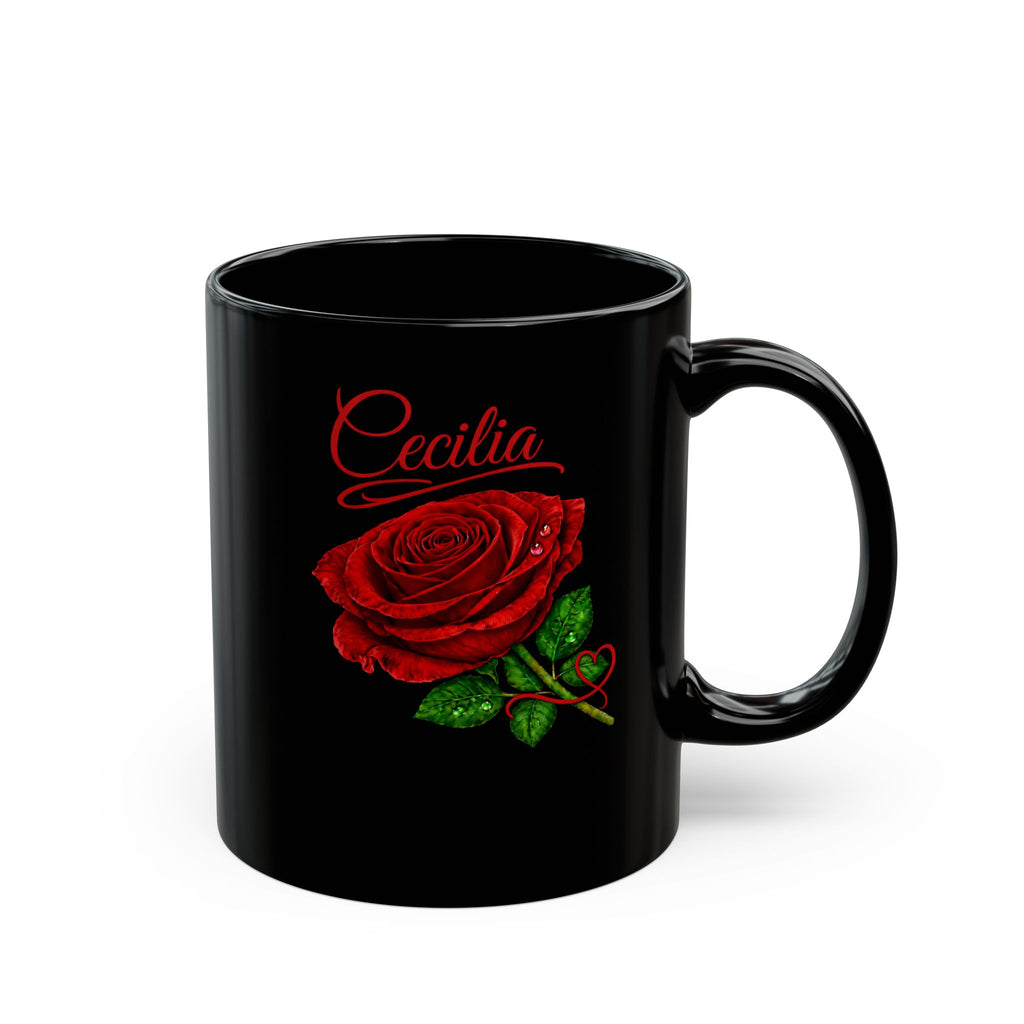Cecilia Signature Rose Black Mug – Personalized Luxury Gift, Elegant Rose Coffee Mug, Premium Floral Keepsake