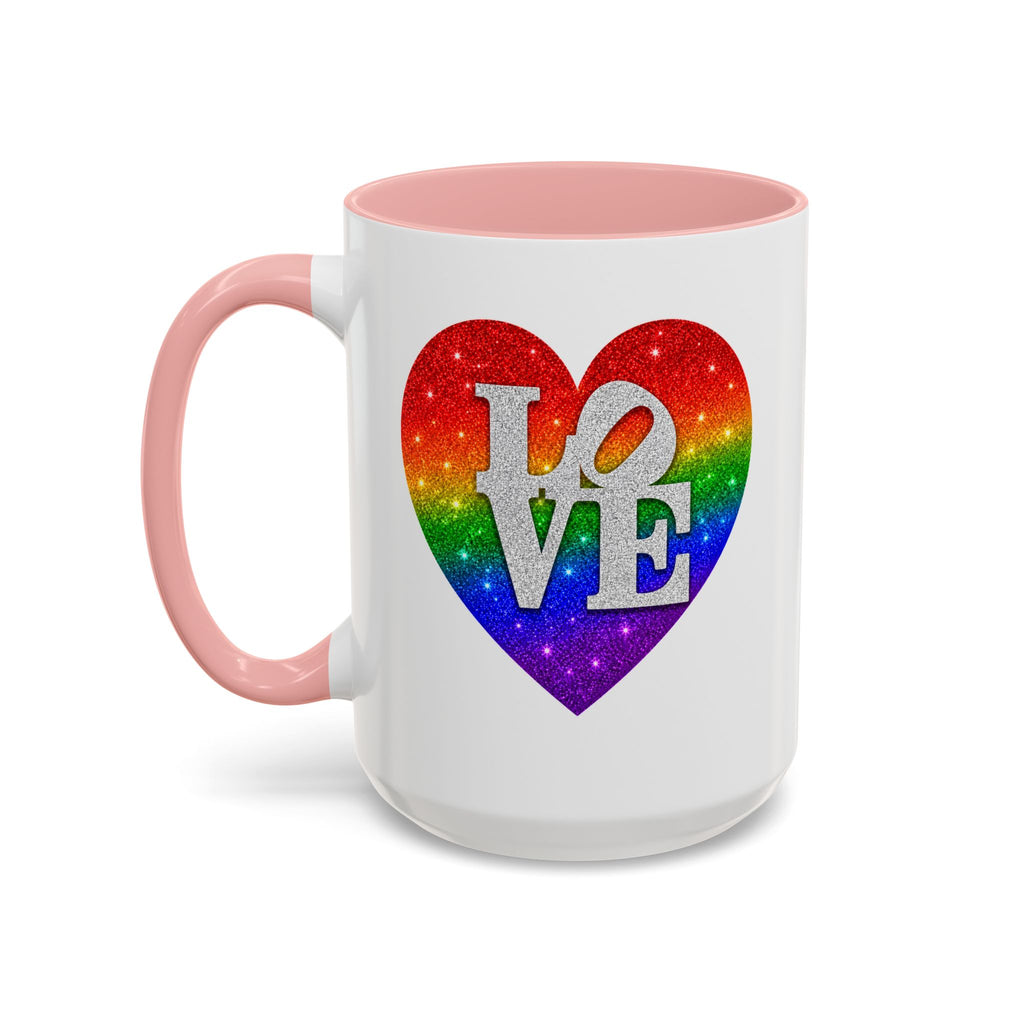 Rainbow LOVE Jewel Heart White Coffee Mug – Luxury Glitter Heart Mug | Premium Sparkling Rainbow LOVE Design