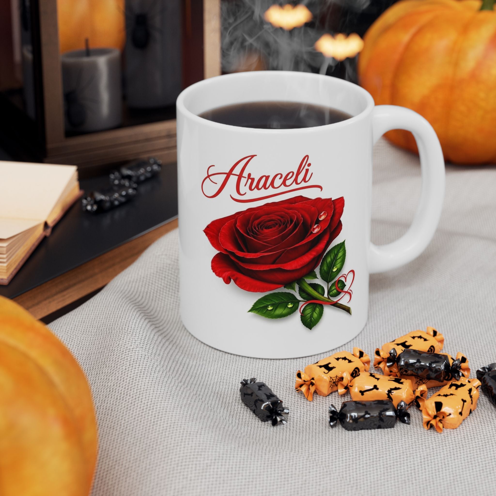 Araceli Signature Rose White Mug – Personalized Luxury Gift, Elegant Rose Coffee Mug, Premium Floral Keepsake