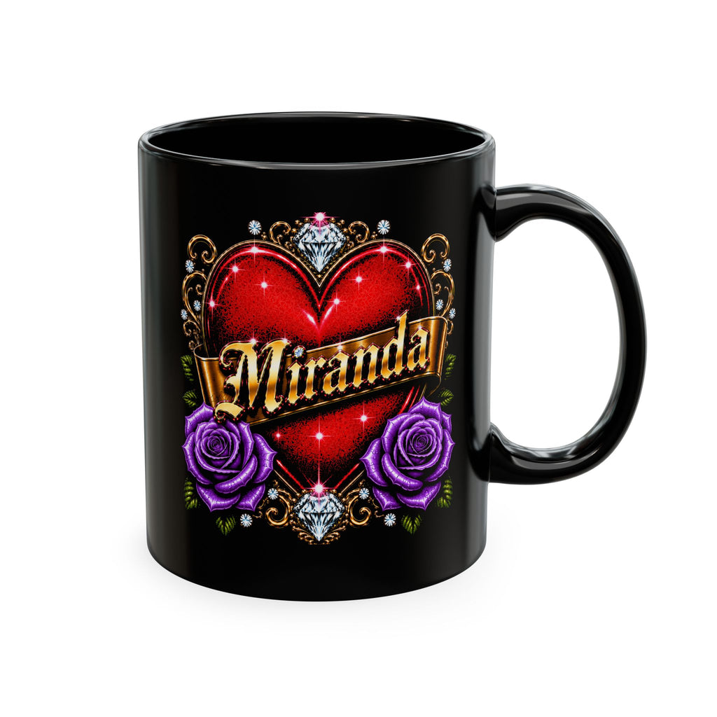 Luxury Personalized Miranda Black Accent Mug – Elegant Gold Heart, Purple Rose & Diamond Design | Premium Custom Name Coffee Mug Gift for Her