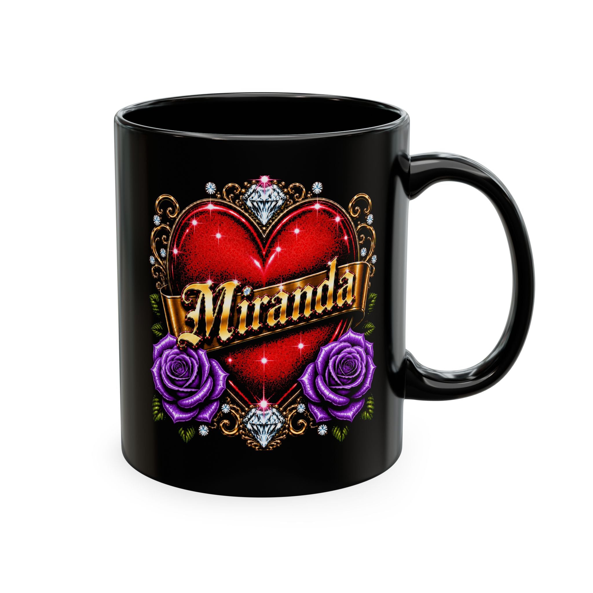 Luxury Personalized Miranda Black Accent Mug – Elegant Gold Heart, Purple Rose & Diamond Design | Premium Custom Name Coffee Mug Gift for Her