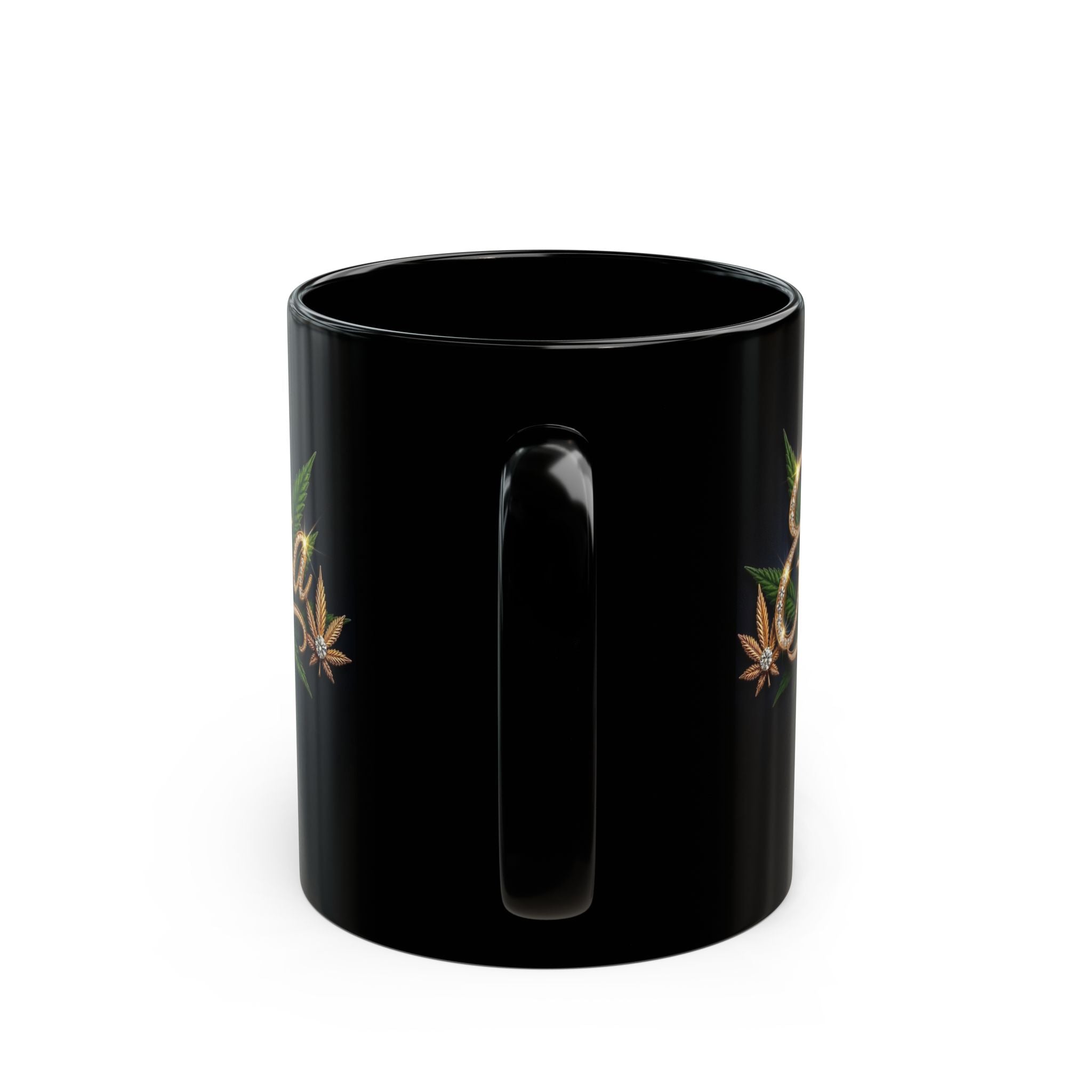 Elsa Emerald Royale – Diamond Gold Cannabis Leaf Luxury Black Ceramic Mug