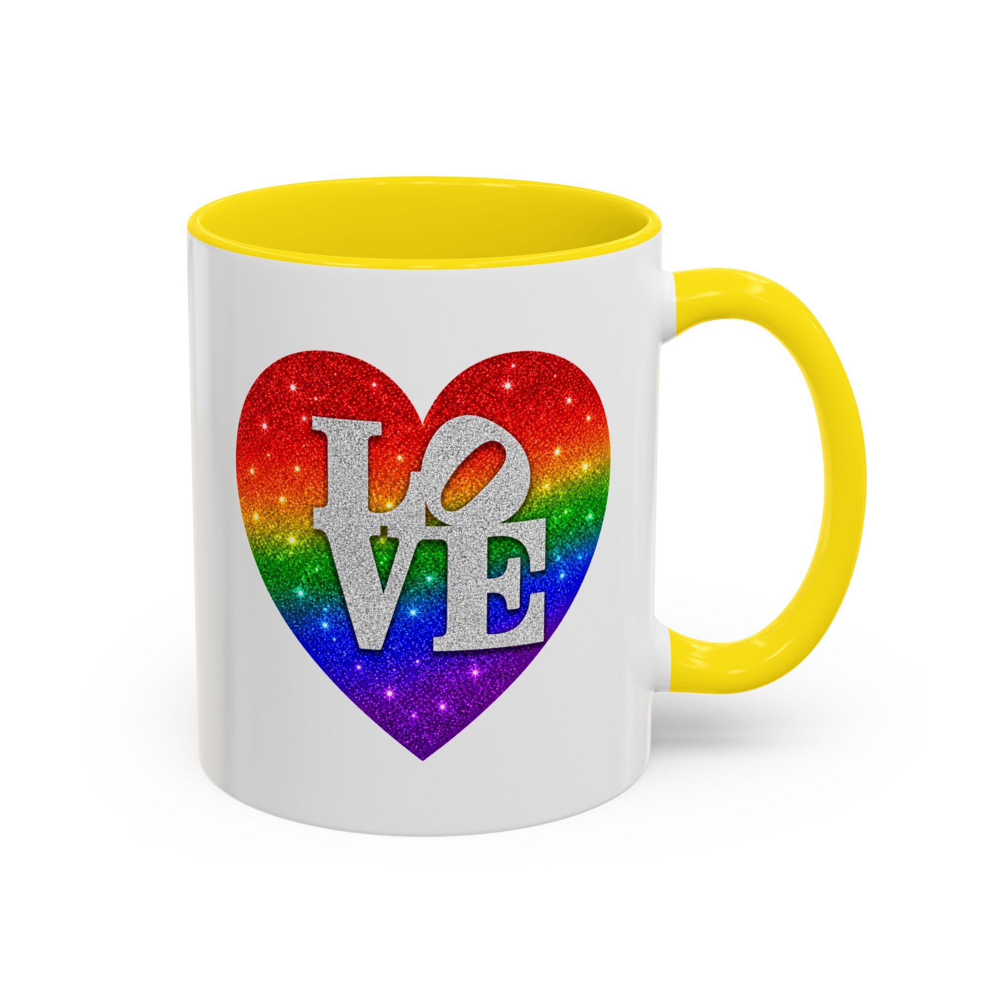 Rainbow LOVE Jewel Heart White Coffee Mug – Luxury Glitter Heart Mug | Premium Sparkling Rainbow LOVE Design