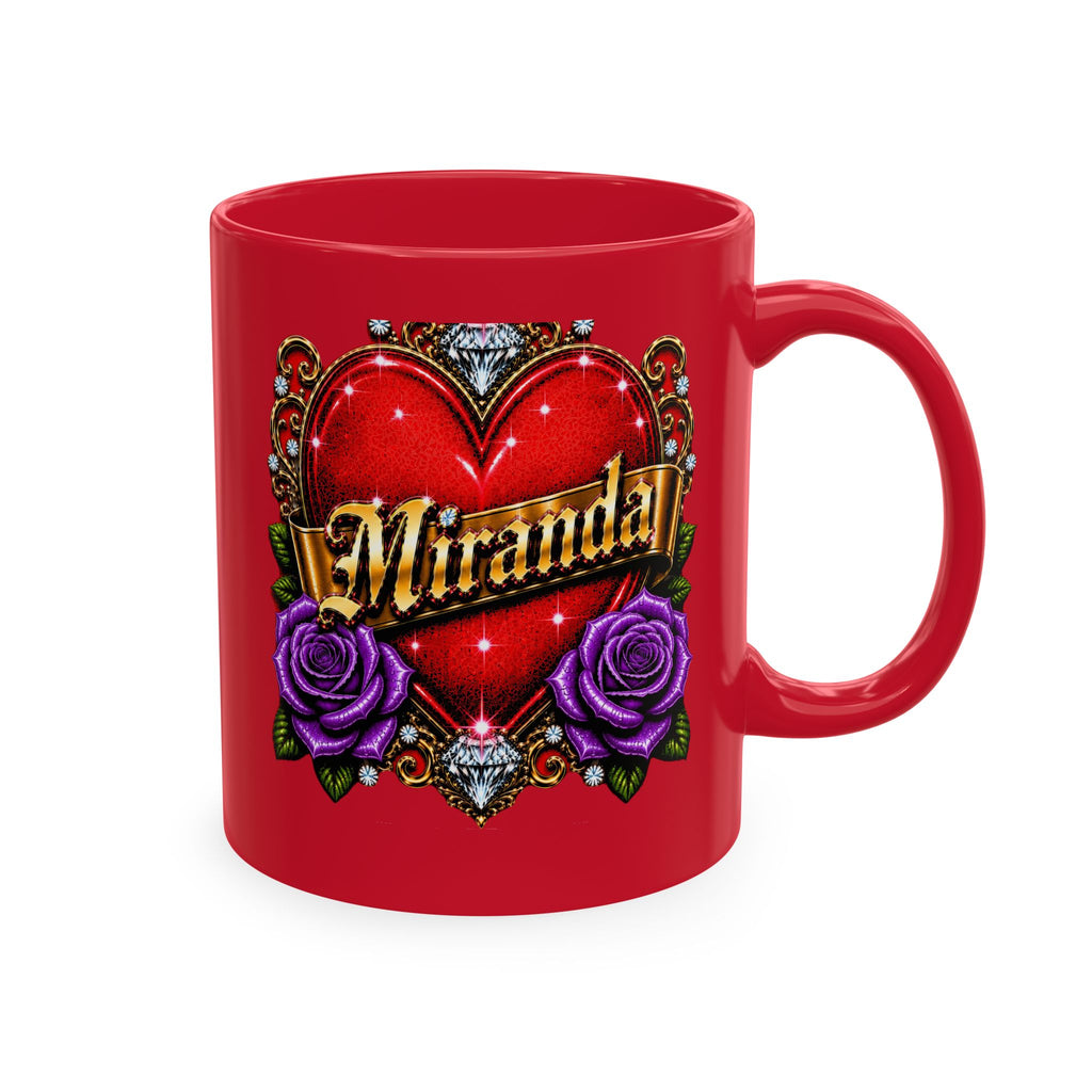 Luxury Personalized Miranda Red Accent Mug – Elegant Gold Heart, Purple Rose & Diamond Design | Premium Custom Name Coffee Mug Gift for Her