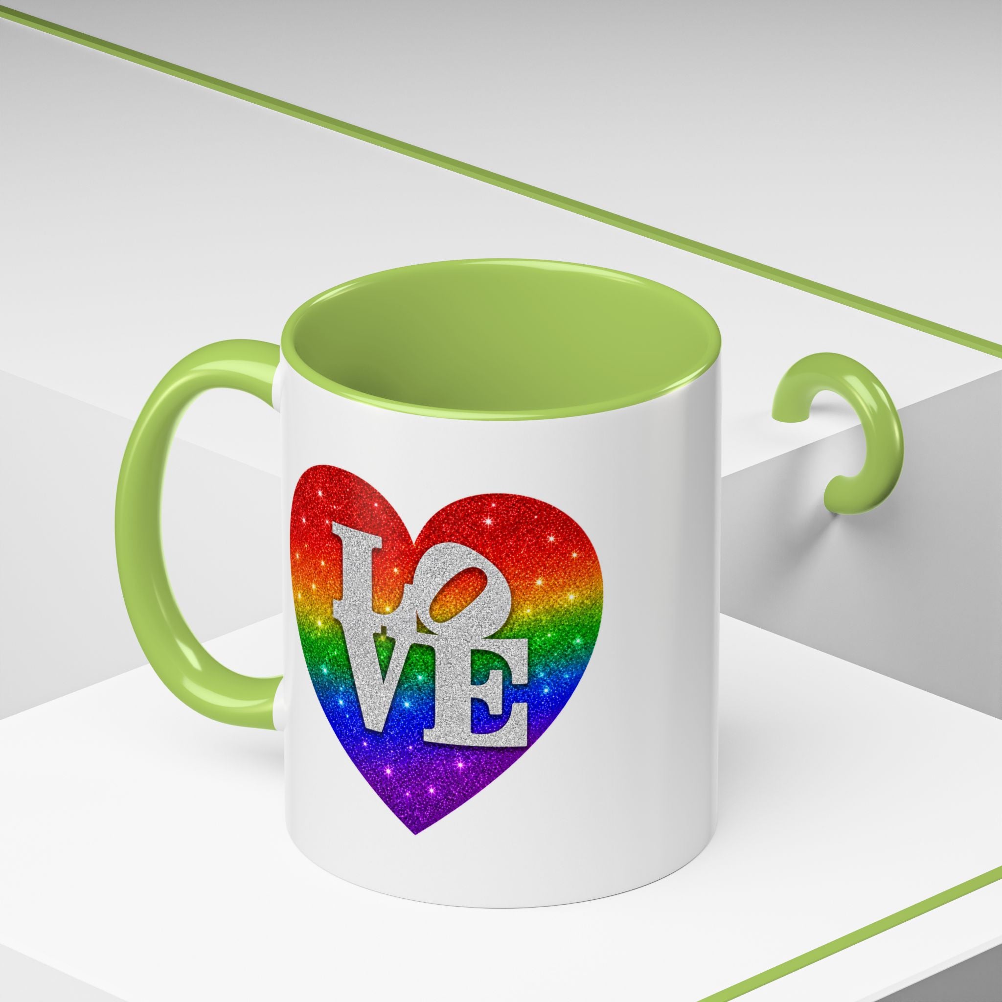 Rainbow LOVE Jewel Heart White Coffee Mug – Luxury Glitter Heart Mug | Premium Sparkling Rainbow LOVE Design
