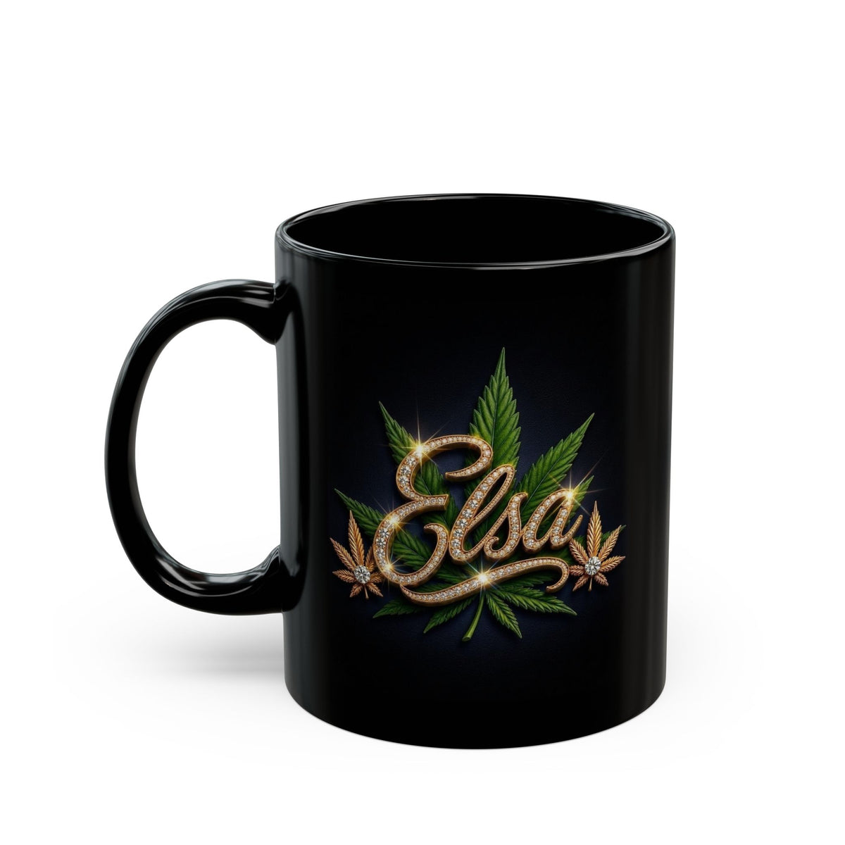 Elsa Emerald Royale – Diamond Gold Cannabis Leaf Luxury Black Ceramic Mug