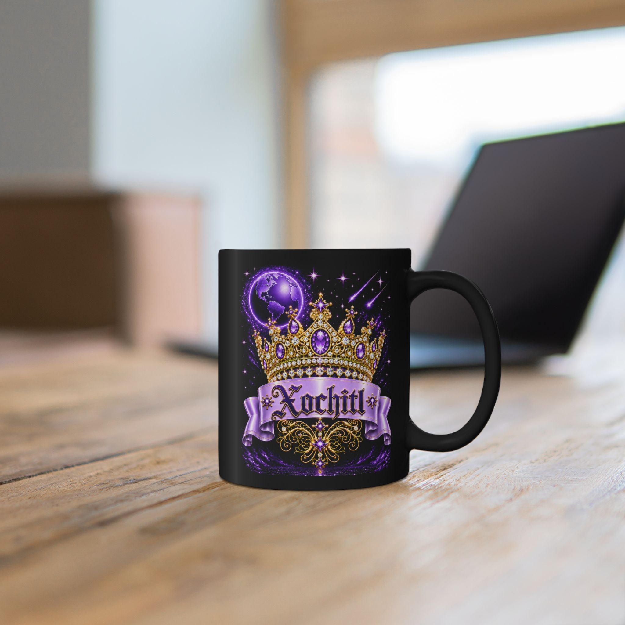 The Purple Crown of Destiny™ | Xochitl Personalized Royal Crown Mug | Luxury Celestial Fantasy Coffee Mug | Premium Black Ceramic Mug | The Fugly Mugly™