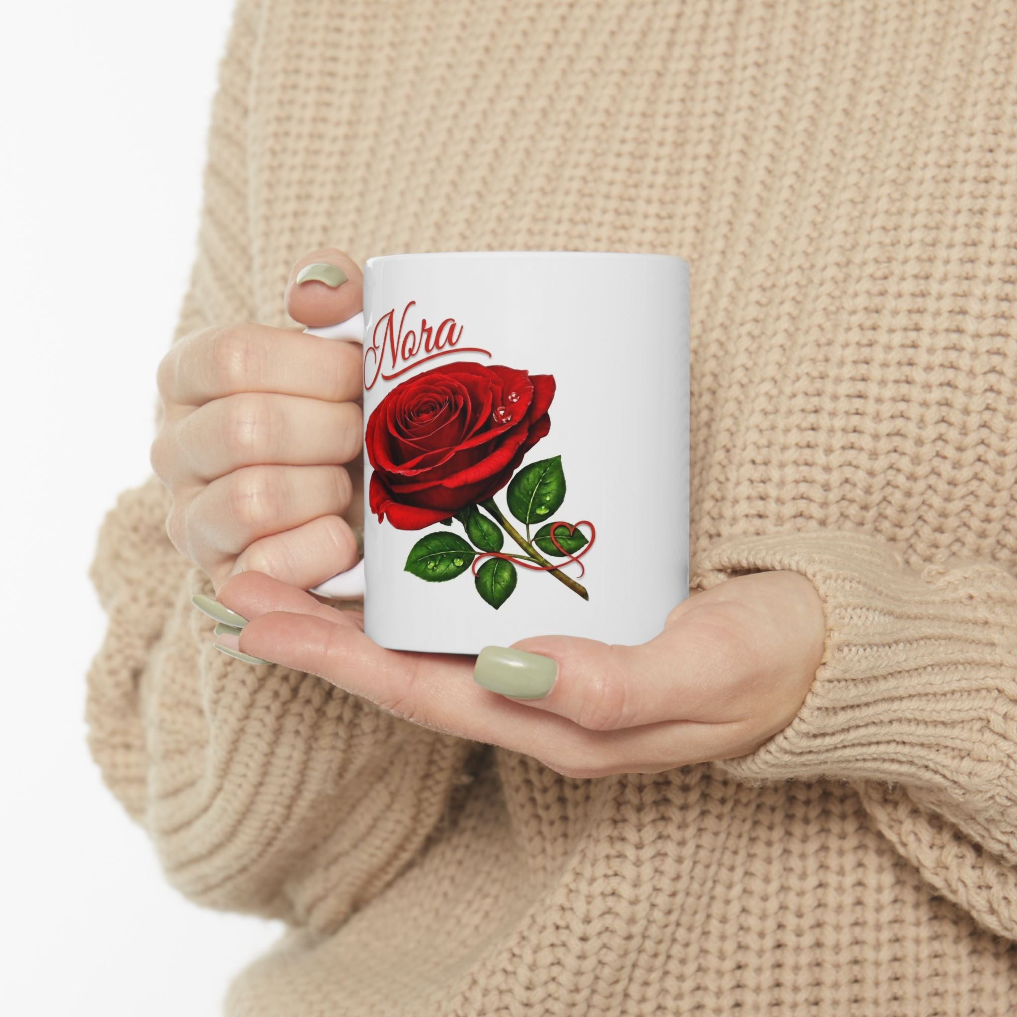 Nora – A Name That Feels Like Grace | Signature Rose White Mug – Personalized Elegant Gift