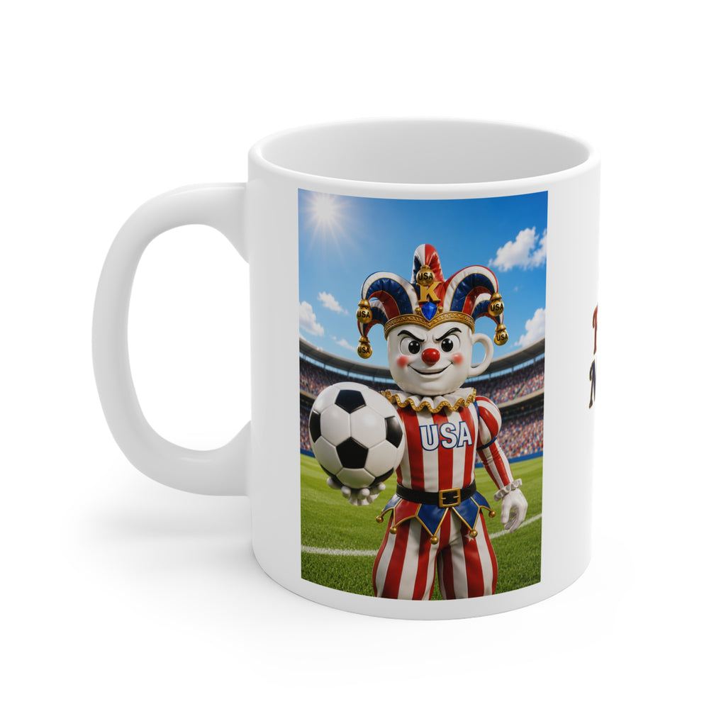 The Fugly Mugly™ USA Soccer Jester White Mug – Patriotic FIFA-Inspired Collectible Artwork Coffee Mug