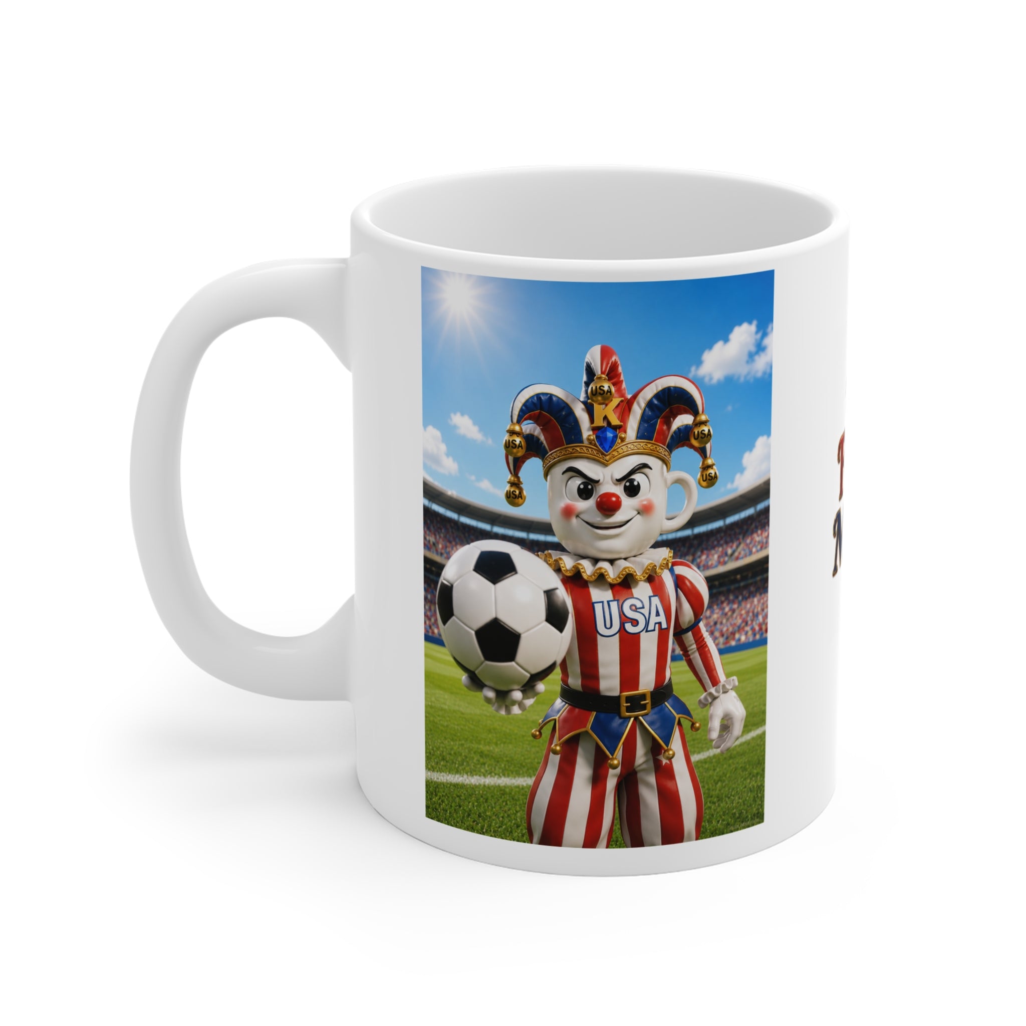 The Fugly Mugly™ USA Soccer Jester White Mug – Patriotic FIFA-Inspired Collectible Artwork Coffee Mug
