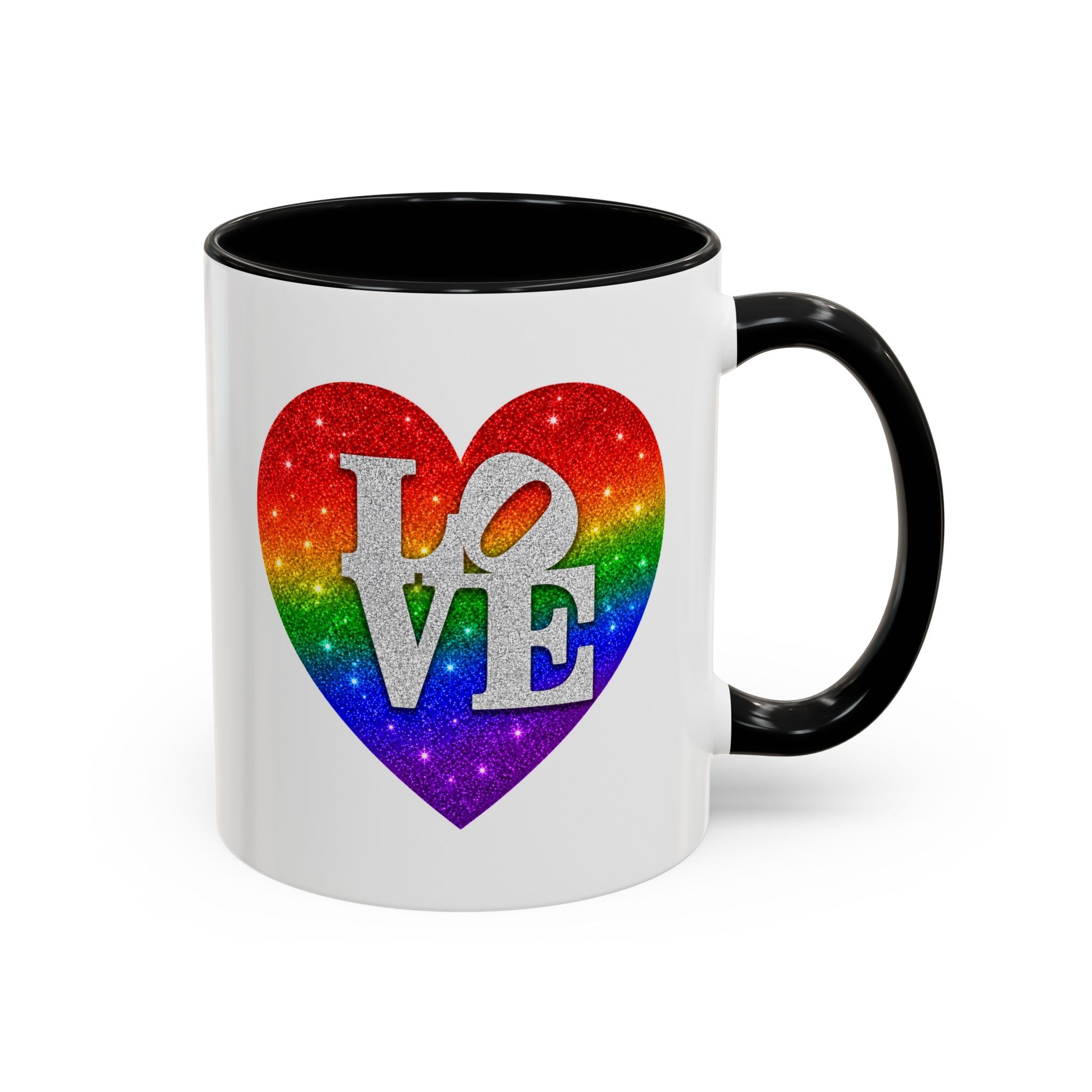 Rainbow LOVE Jewel Heart White Coffee Mug – Luxury Glitter Heart Mug | Premium Sparkling Rainbow LOVE Design