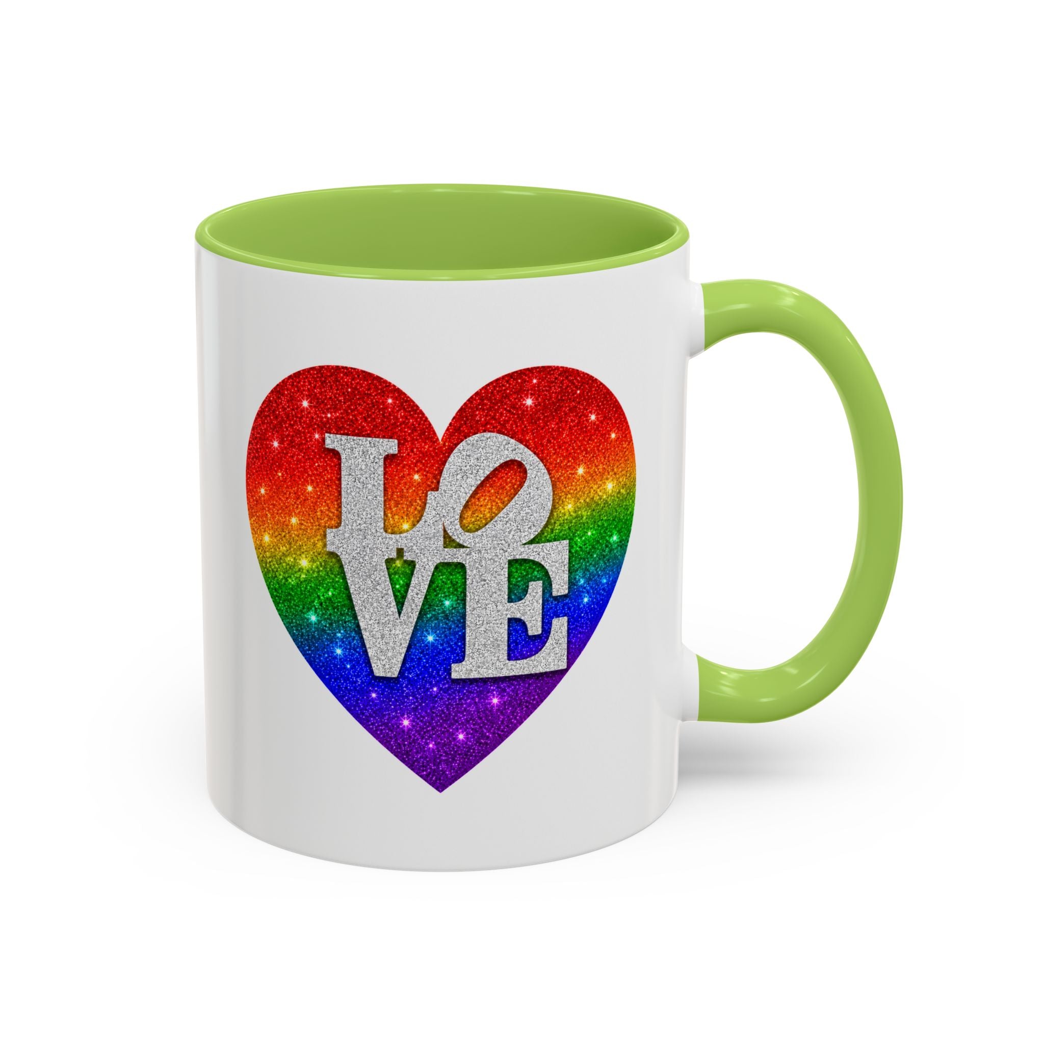 Rainbow LOVE Jewel Heart White Coffee Mug – Luxury Glitter Heart Mug | Premium Sparkling Rainbow LOVE Design