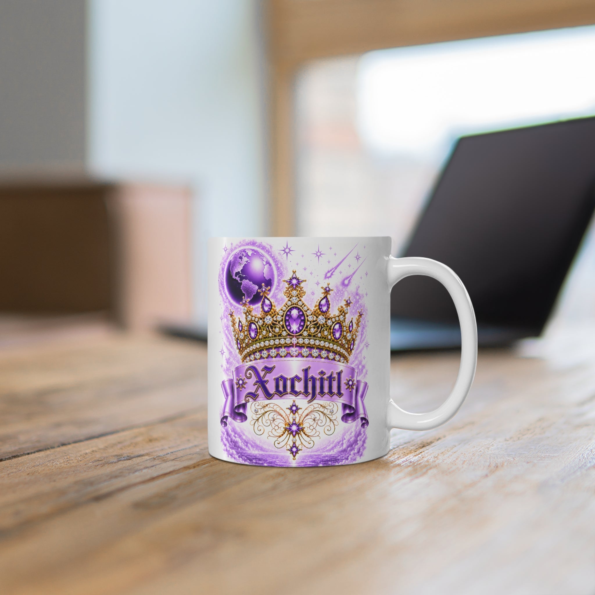 The Purple Crown of Destiny™ | Xochitl Personalized Royal Crown Mug | Luxury Celestial Fantasy Coffee Mug | Premium White Ceramic Mug | The Fugly Mugly™