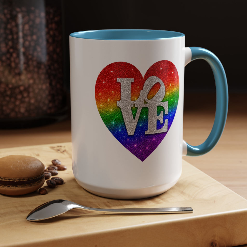 Rainbow LOVE Jewel Heart White Coffee Mug – Luxury Glitter Heart Mug | Premium Sparkling Rainbow LOVE Design