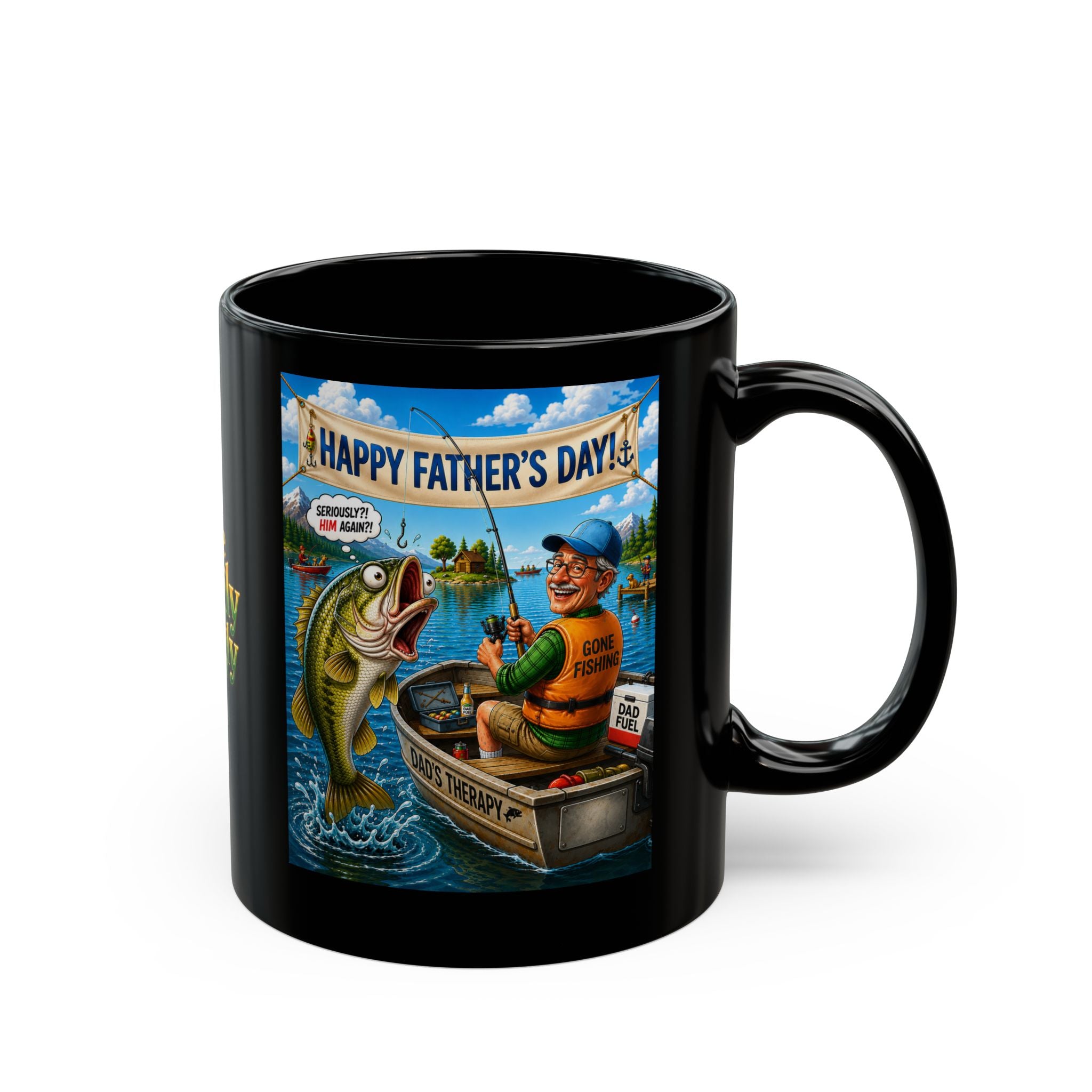 Funny Father’s Day Fishing Mug for Dad – “Dad’s Therapy” Premium Black Coffee Mug | Humorous Fisherman Gift for Dad | The Fugly Mugly™