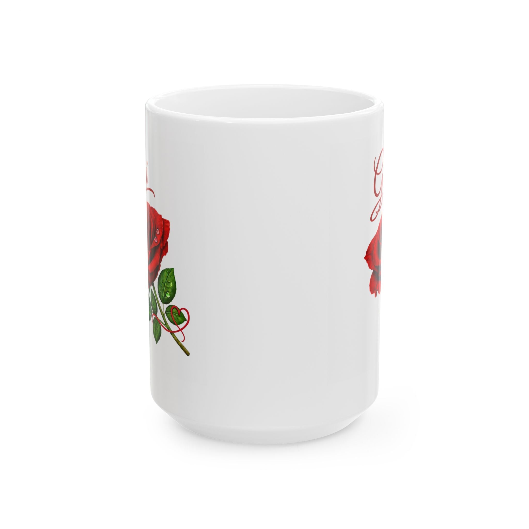 The Gigi – Signature Rose White Mug carries a soft, refined presence that feels warm, familiar, and deeply personal