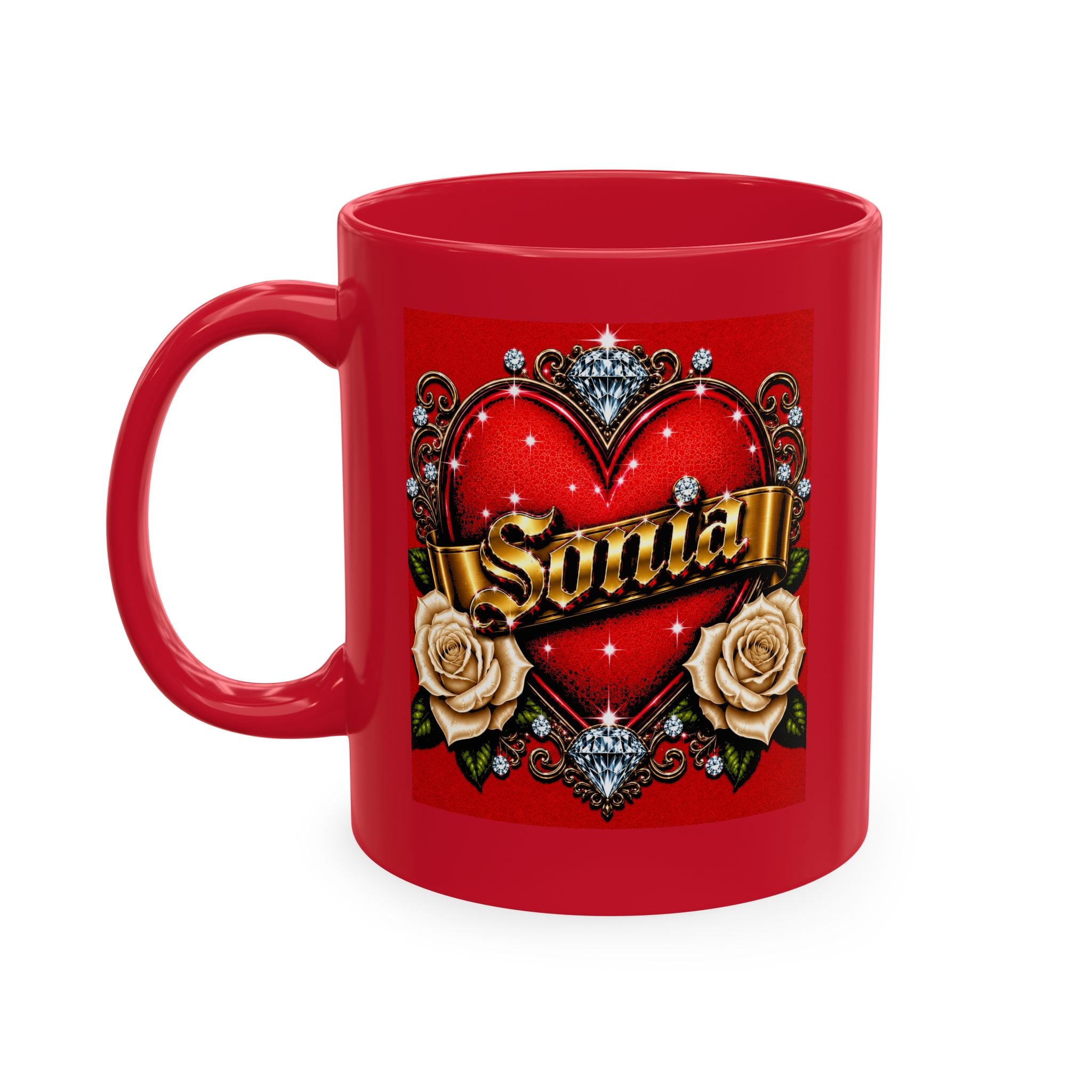 Sonia Personalized Heart & White Rose Luxury Coffee Mug – Elegant Custom Name Gift | Premium Ceramic Mug