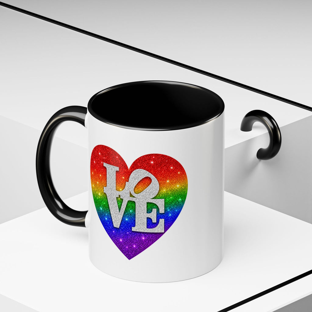 Rainbow LOVE Jewel Heart White Coffee Mug – Luxury Glitter Heart Mug | Premium Sparkling Rainbow LOVE Design