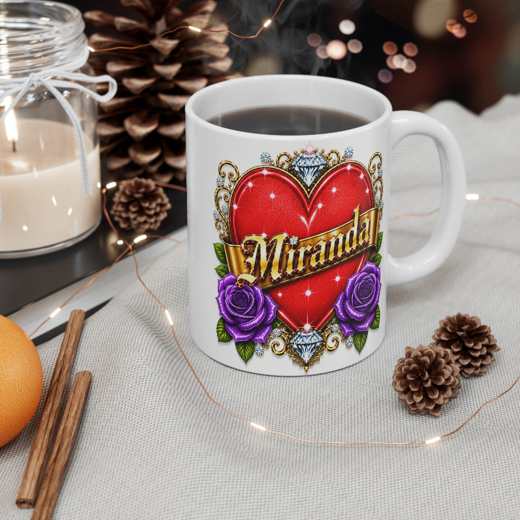 Miranda | The Heart of Devotion™ Luxury Personalized Rose Heart Mug | Romantic Custom Name Ceramic Coffee Mug