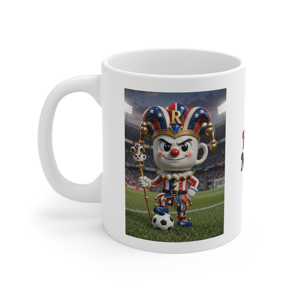 The Fugly Mugly™ USA Soccer Jester White Mug – Patriotic Soccer Fan Art Coffee Mug, American Football Stadium Inspired Collectible Mug