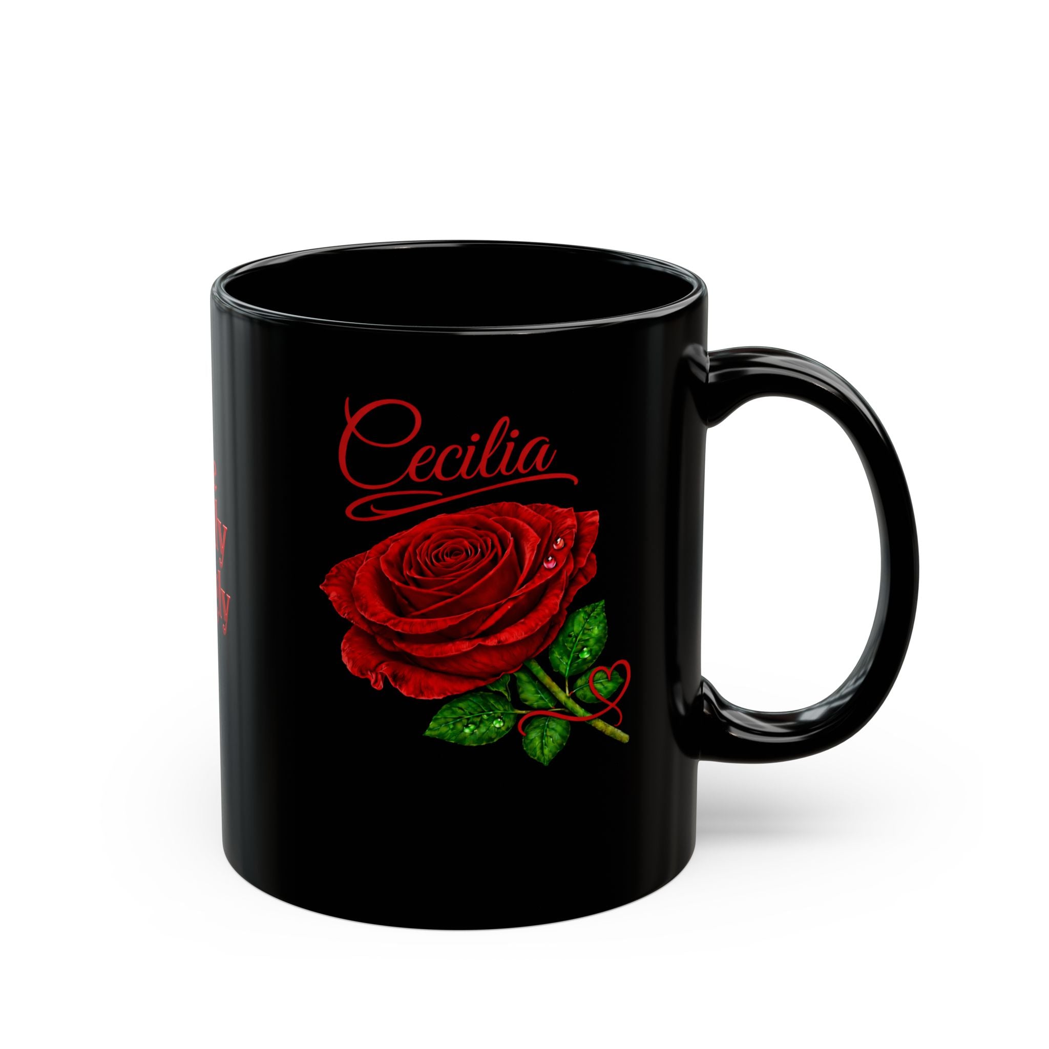 Cecilia Signature Rose Black Mug – Personalized Luxury Gift, Elegant Rose Coffee Mug, Premium Floral Keepsake