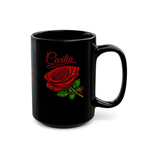 Cecilia Signature Rose Black Mug – Personalized Luxury Gift, Elegant Rose Coffee Mug, Premium Floral Keepsake