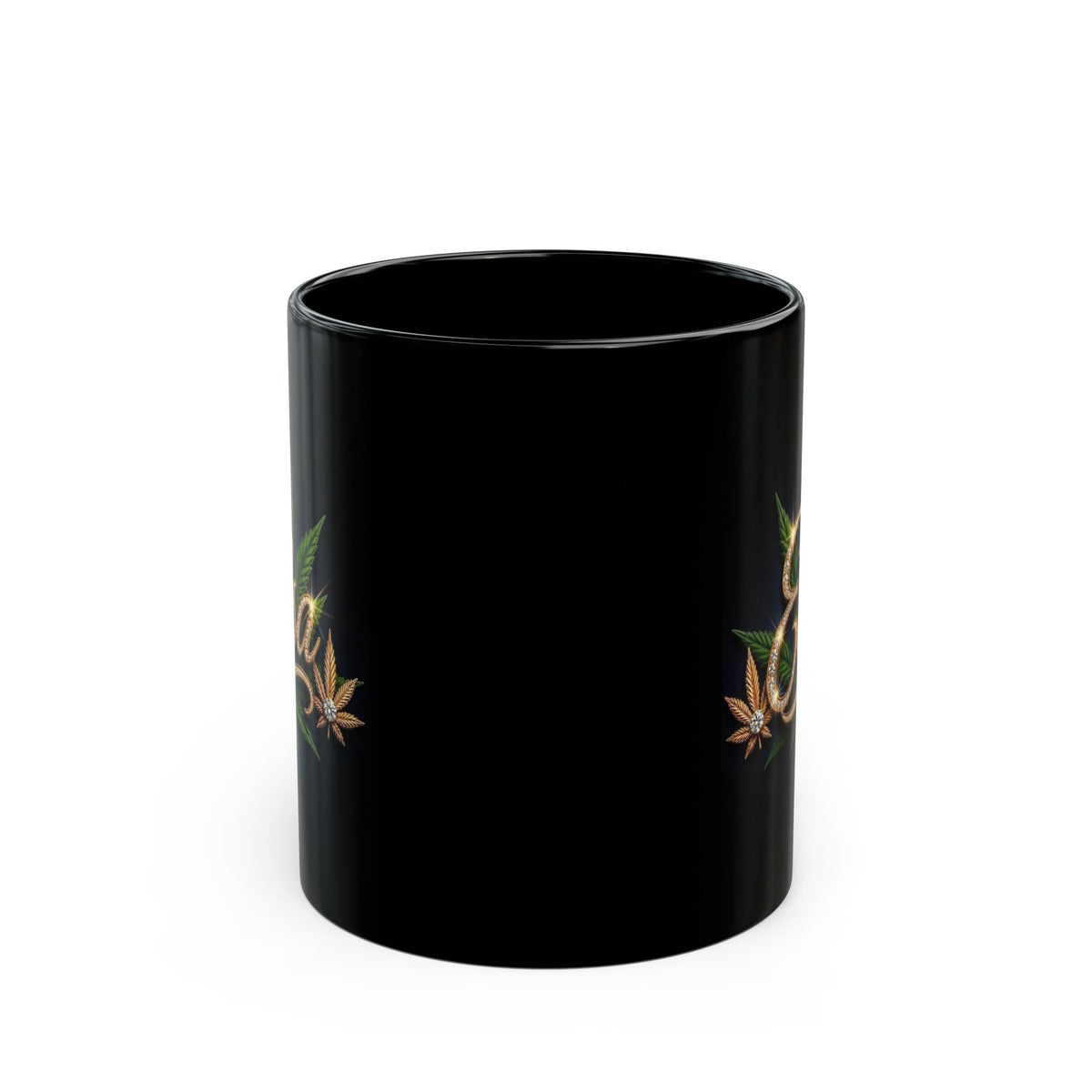 Elsa Emerald Royale – Diamond Gold Cannabis Leaf Luxury Black Ceramic Mug