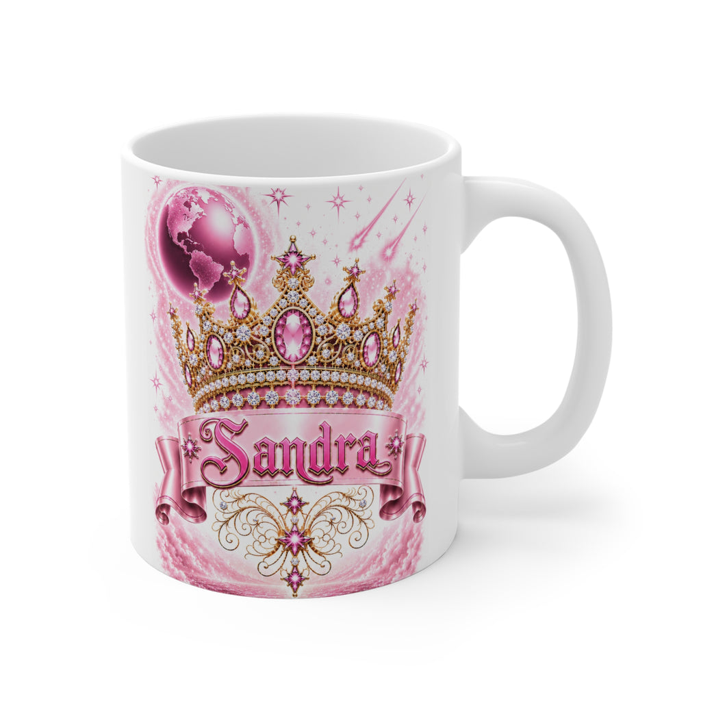 Sandra – The Pink Crown of Destiny™ | Personalized Royal Crown Mug | Luxury Pink Princess Coffee Mug | Custom Name Ceramic Gift | Elegant Fantasy Keepsake