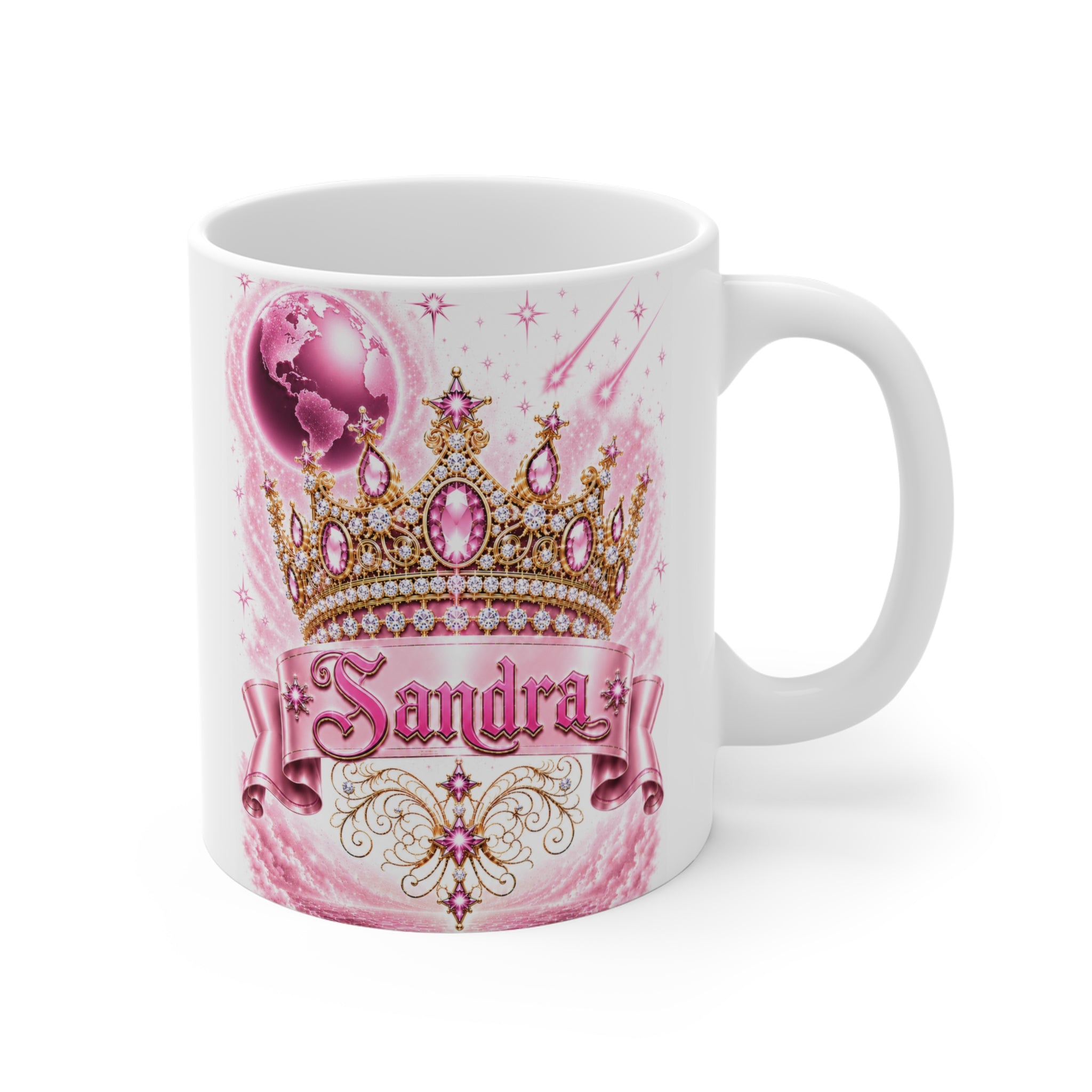 Sandra – The Pink Crown of Destiny™ | Personalized Royal Crown Mug | Luxury Pink Princess Coffee Mug | Custom Name Ceramic Gift | Elegant Fantasy Keepsake