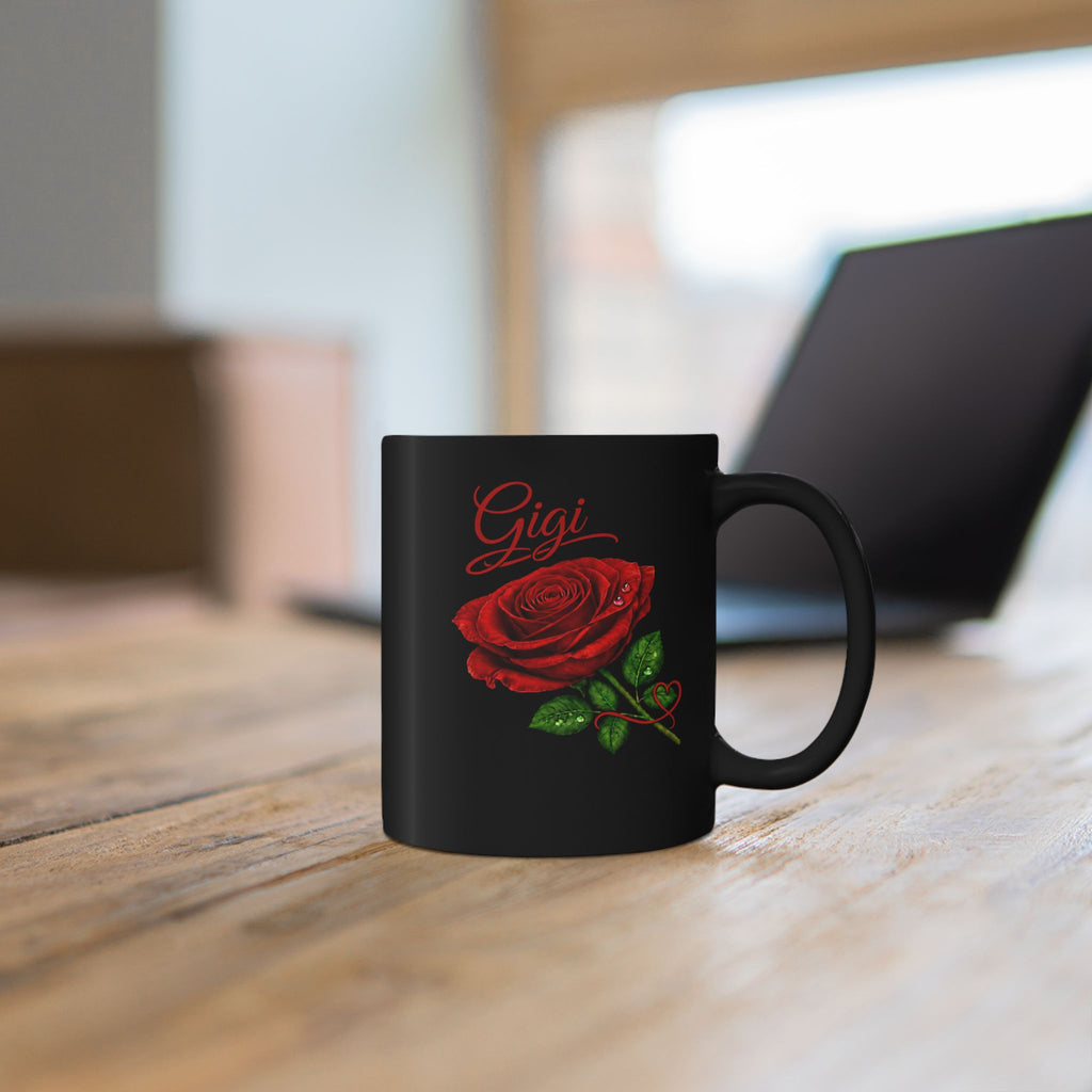 The Gigi – Signature Rose Black Mug carries a soft, refined presence that feels warm, familiar, and deeply personal