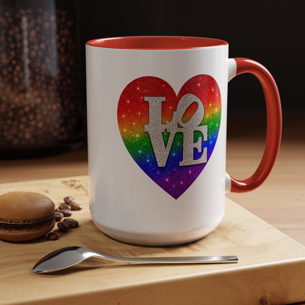 Rainbow LOVE Jewel Heart White Coffee Mug – Luxury Glitter Heart Mug | Premium Sparkling Rainbow LOVE Design