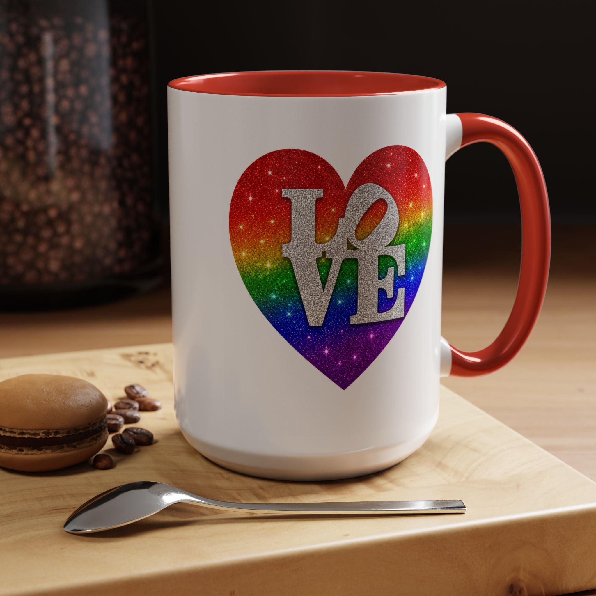 Rainbow LOVE Jewel Heart White Coffee Mug – Luxury Glitter Heart Mug | Premium Sparkling Rainbow LOVE Design