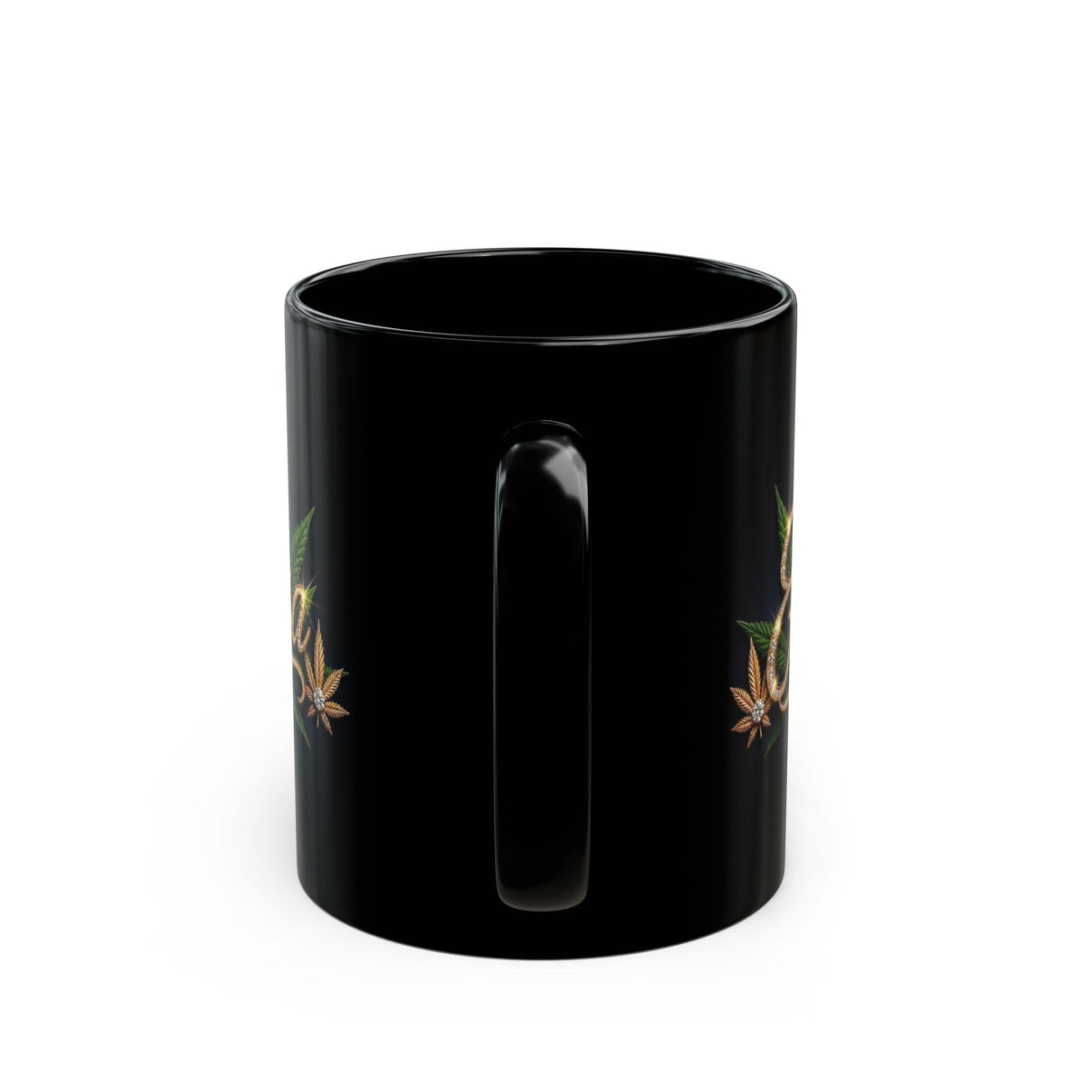 Elsa Emerald Royale – Diamond Gold Cannabis Leaf Luxury Black Ceramic Mug