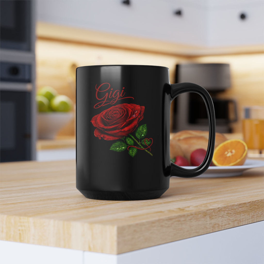 The Gigi – Signature Rose Black Mug carries a soft, refined presence that feels warm, familiar, and deeply personal