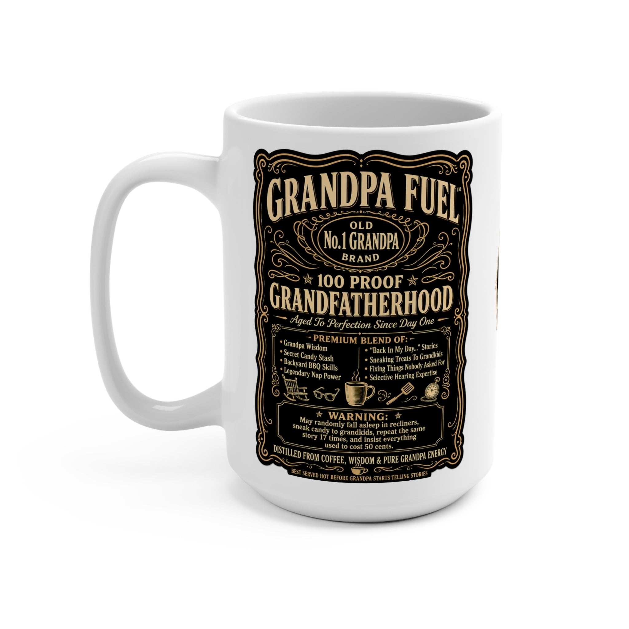 The Fugly Mugly™ Grandpa Fuel Mug – Premium Vintage Whiskey Label Style Grandpa Coffee Mug | Luxury Grandfather Gift | Bold Black & Vanilla Retro Design
