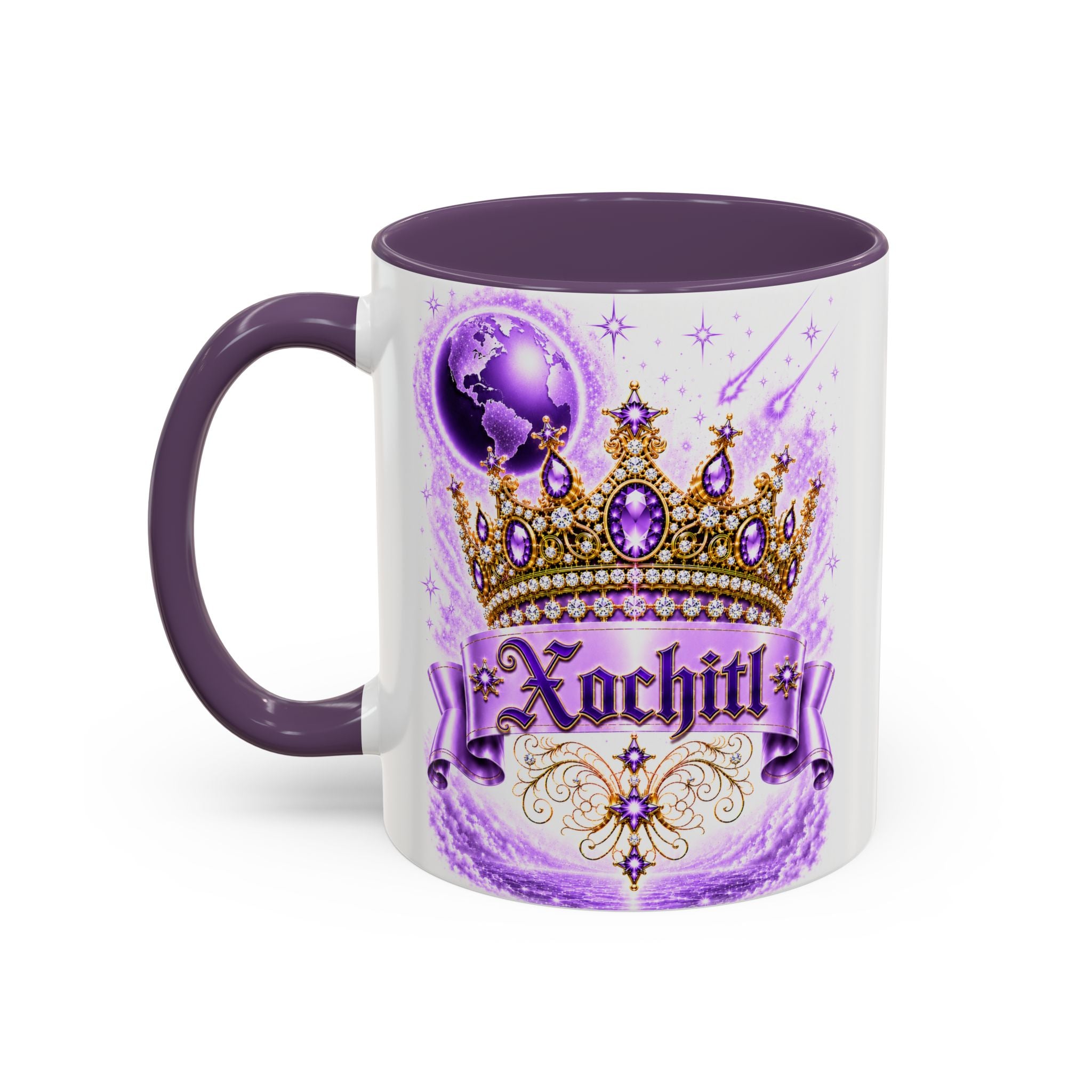 The Purple Crown of Destiny™ | Xochitl Personalized Royal Crown Mug | Luxury Celestial Fantasy Coffee Mug | Premium White Ceramic Mug | The Fugly Mugly™