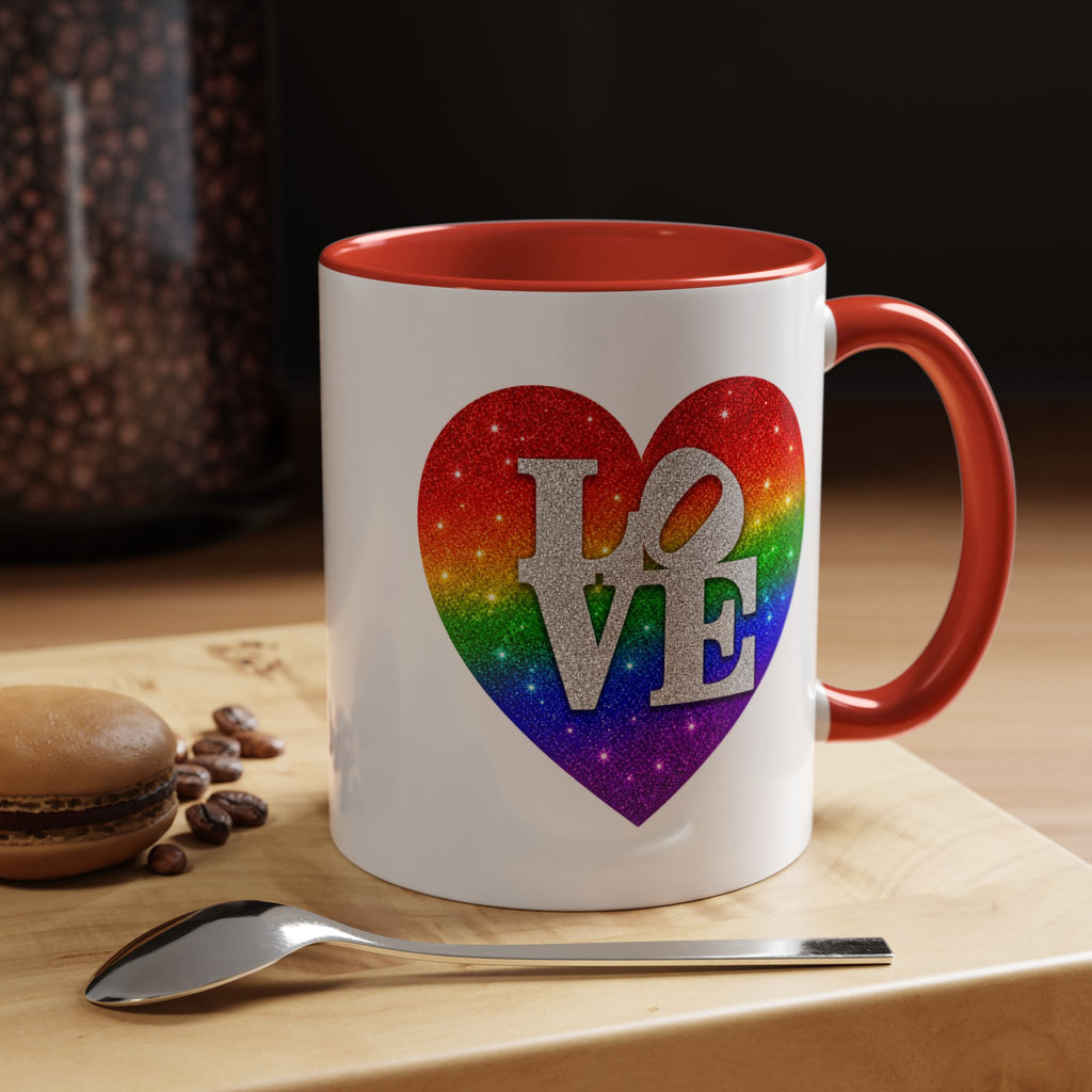 Rainbow LOVE Jewel Heart White Coffee Mug – Luxury Glitter Heart Mug | Premium Sparkling Rainbow LOVE Design