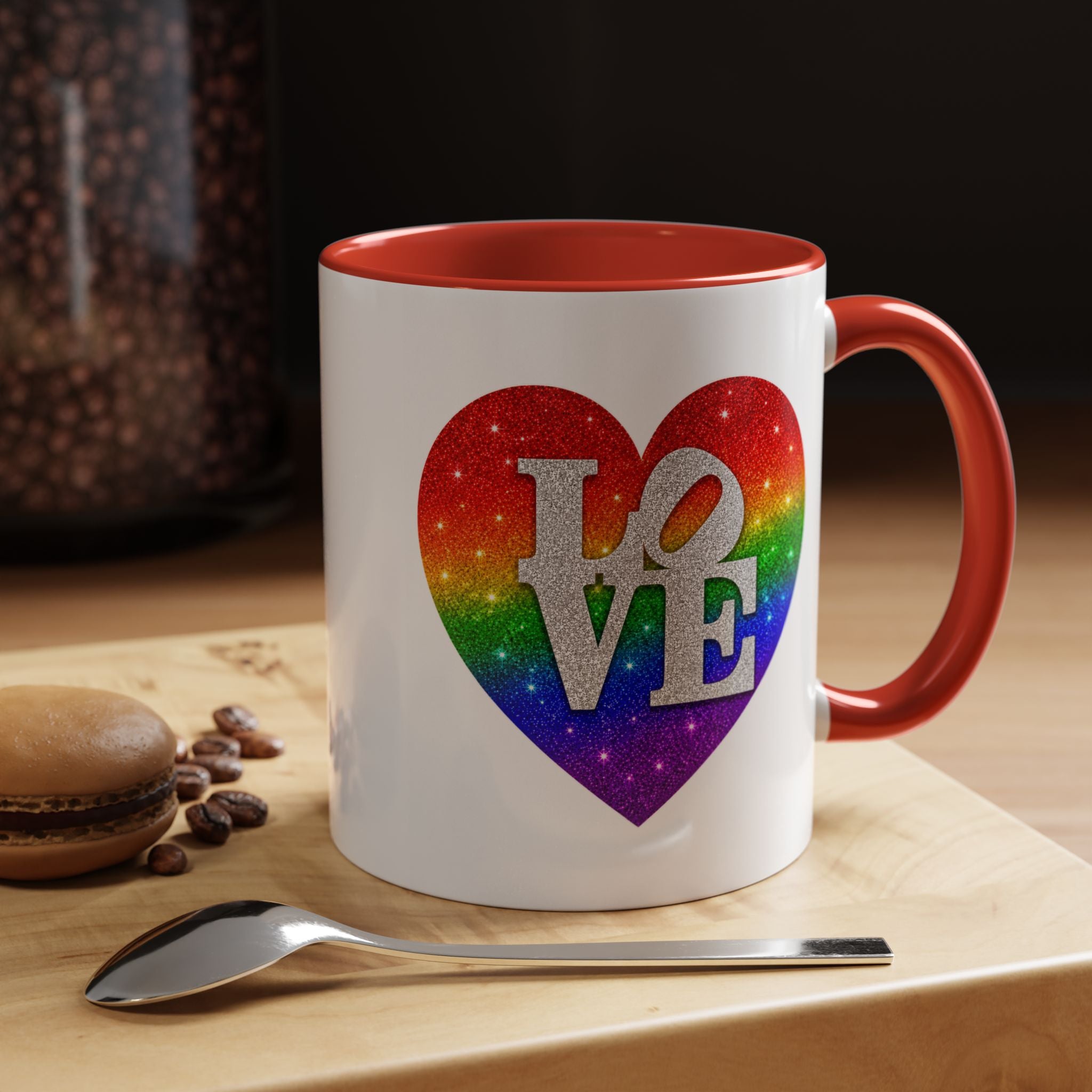 Rainbow LOVE Jewel Heart White Coffee Mug – Luxury Glitter Heart Mug | Premium Sparkling Rainbow LOVE Design